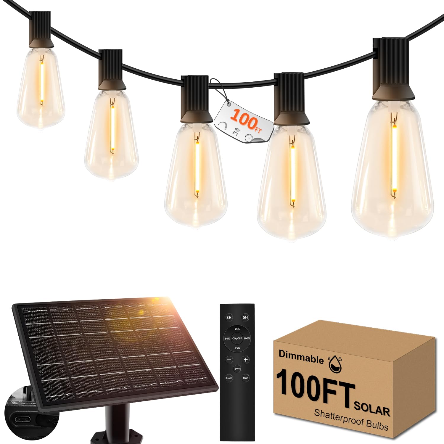 100ft Solar Outdoor String Lights with Remote - USB Rechargeable Waterproof Patio Lights, 3.5W Solar Panel, Timer & Dimmable Shatterproof ST38 Bulbs for Backyard, Garden, Pool, Wedding, Party | Perfect for Outdoor Decor, Landscape Lighting and Evening Ambiance