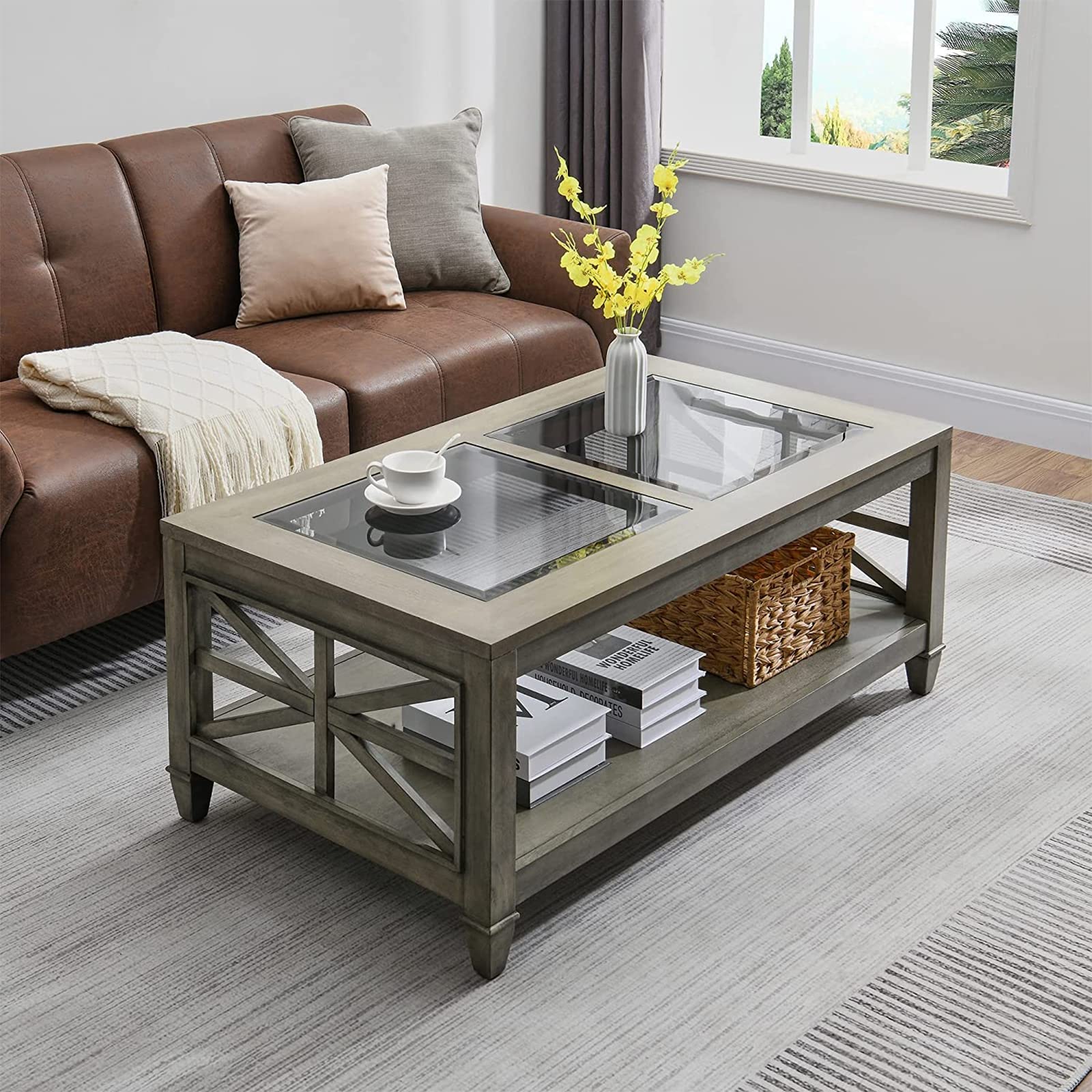 Solid Wood Coffee Table with Tempered Glass Top - 45.5