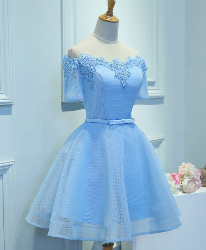 Elegant Blue A-Line Tulle Short Sleeve Lace Prom Dress | Cute Homecoming Party Dress for Teens | Perfect for Dances, Weddings & Special Occasions
