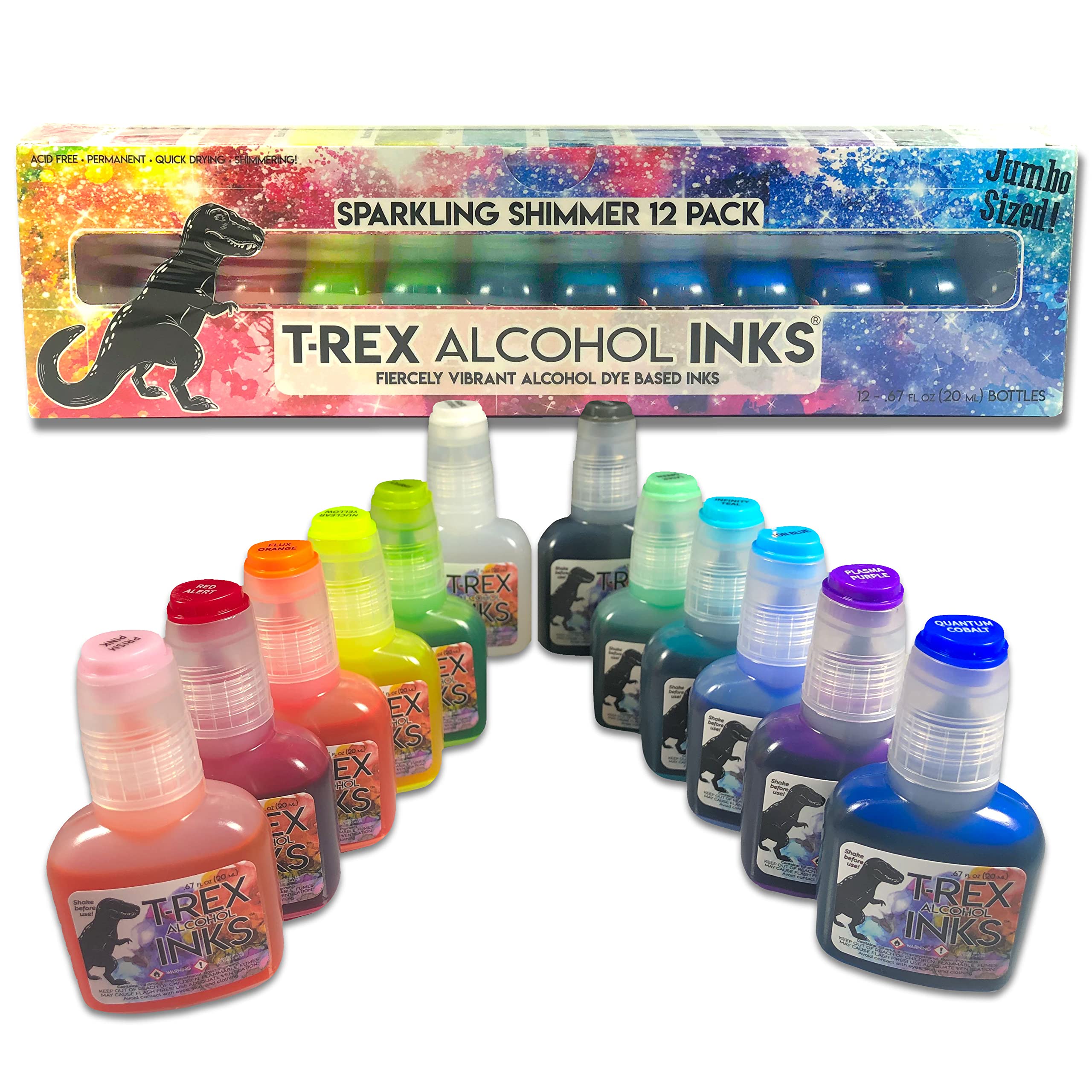 T-Rex Inks Starlight Shimmer Sparkling Alcohol Ink 12 Bottle Set (20ml Each) - Glitter Alcohol Ink for Epoxy Resin, Painting, Tumbler Cups, DIY Crafts - Includes Shimmering Clear Blender - Perfect for Art Projects, Home Decor & Gift Making