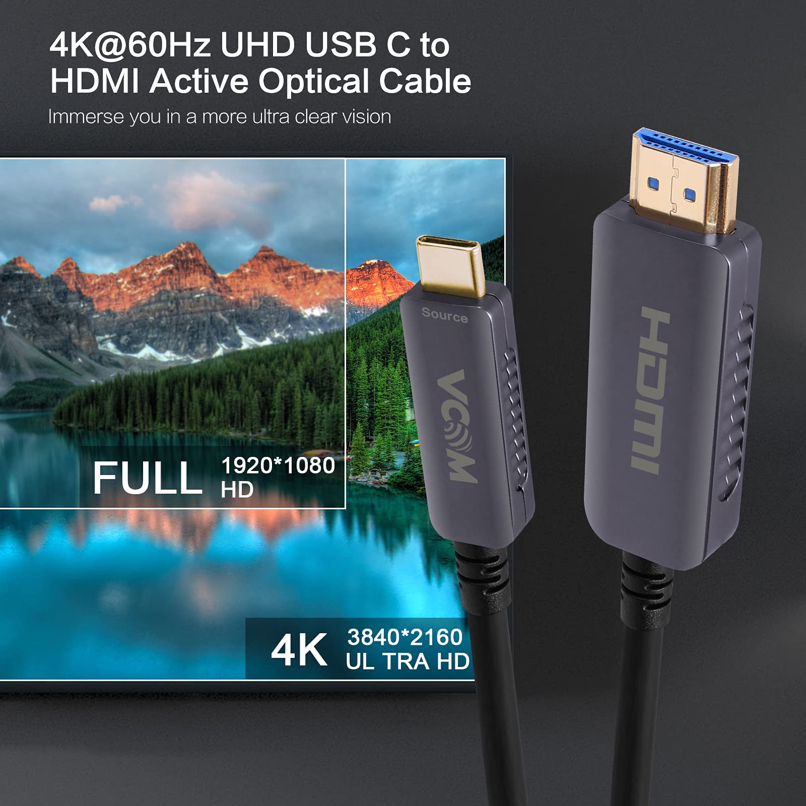 VCOM USB-C to HDMI Fiber Optic Cable 50ft - 18Gbps 4K@60Hz HDR Thunderbolt 3/4 Compatible with MacBook Pro/Air, iPad Pro, Samsung Galaxy S9 - Perfect for Home Theater, Gaming & Office Presentations