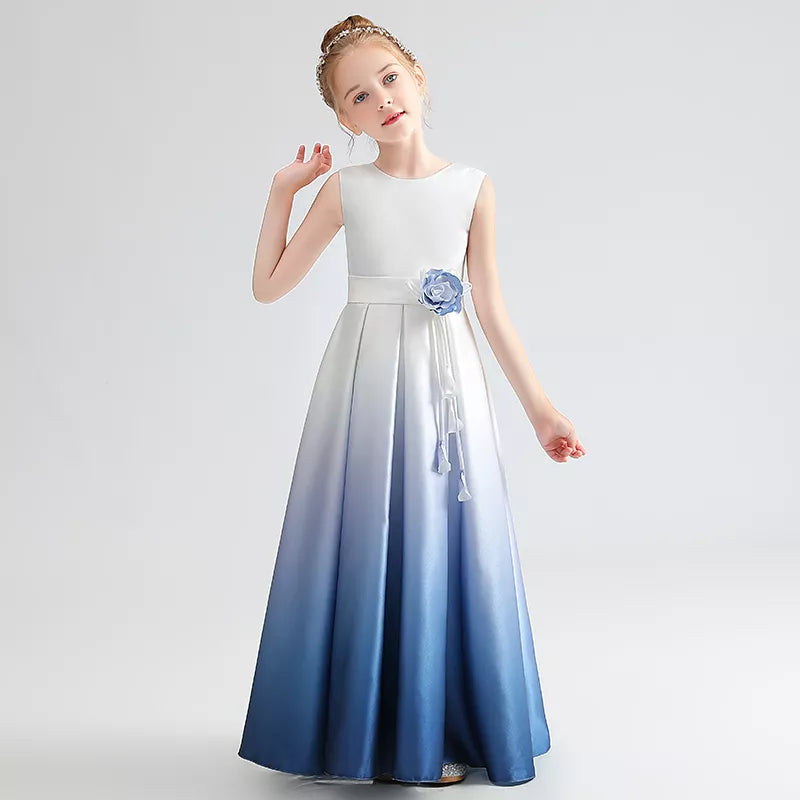 Gradient Blue Long Satin Formal Sleeveless Girls Dress - Elegant Party Gown for Special Occasions, Weddings & Prom