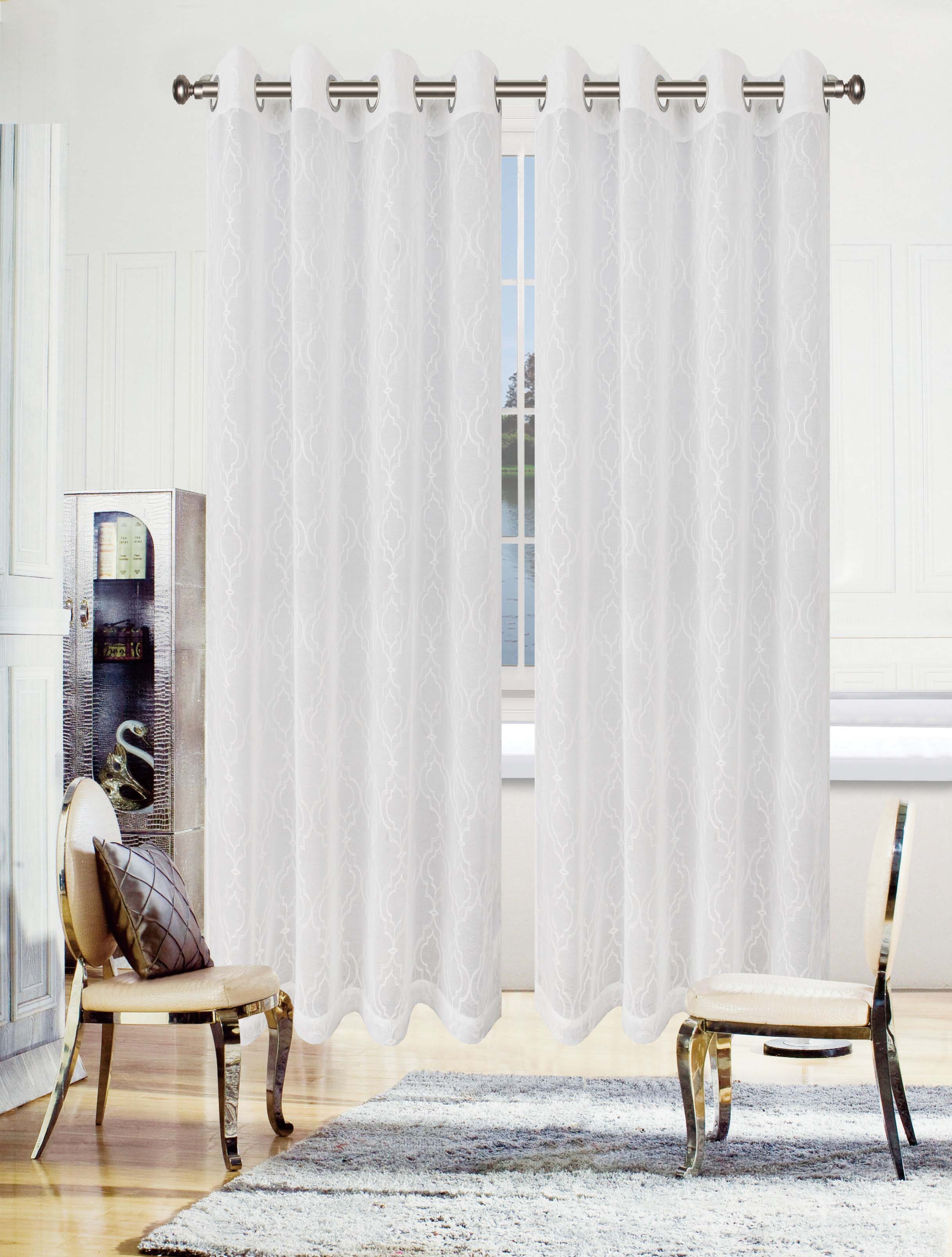 Embroidered Imperial Trellis Sheer Grommet Curtain Panel Set - Elegant Window Treatment for Living Room & Bedroom - Light Filtering & Privacy