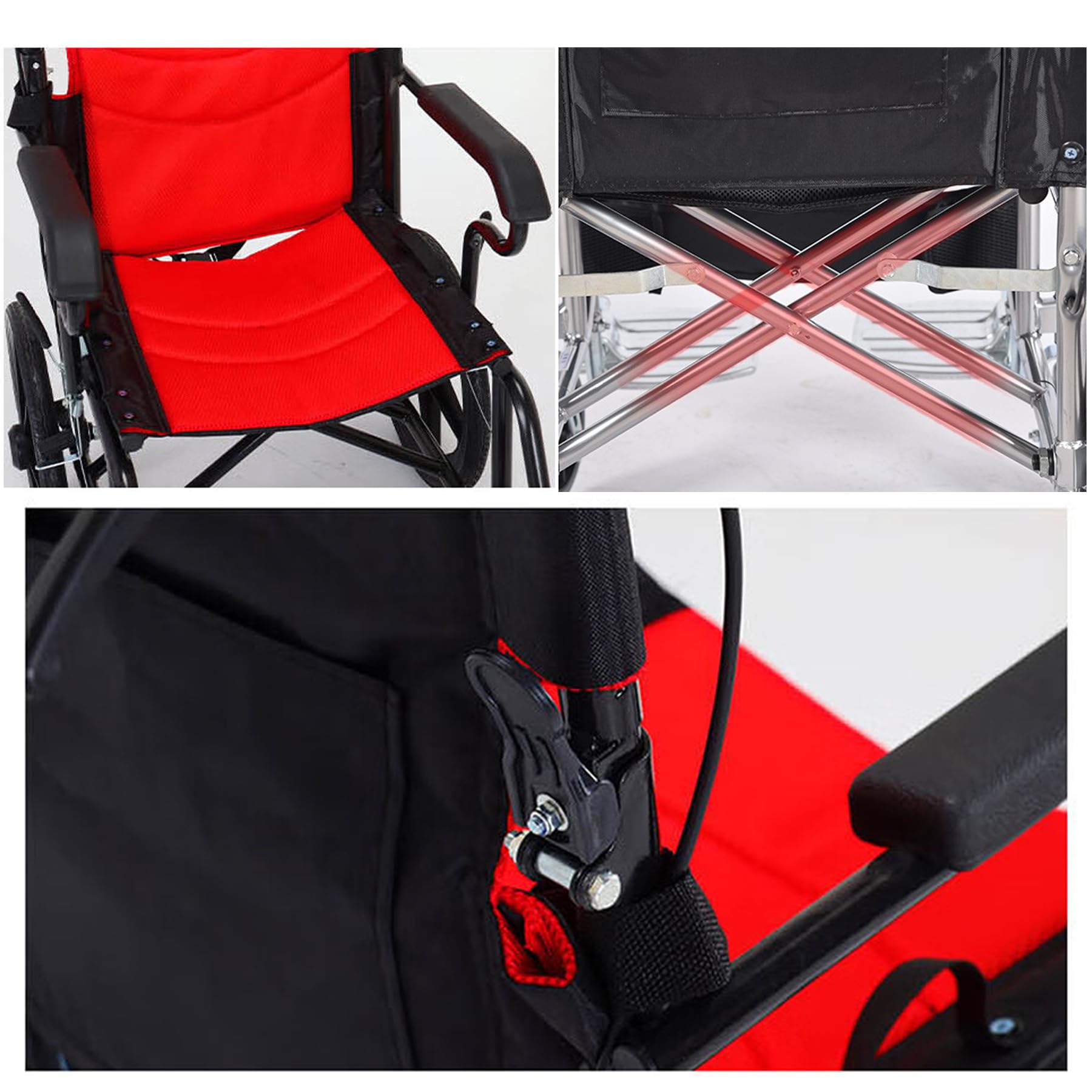 Ultra-Lightweight Folding Wheelchair with Handbrake - Portable Transport Wheelchair for Adults & Elderly - Breathable Seat Cushion & Foldable Footrest - Ideal for Travel, Hospitals, and Home Use - Red