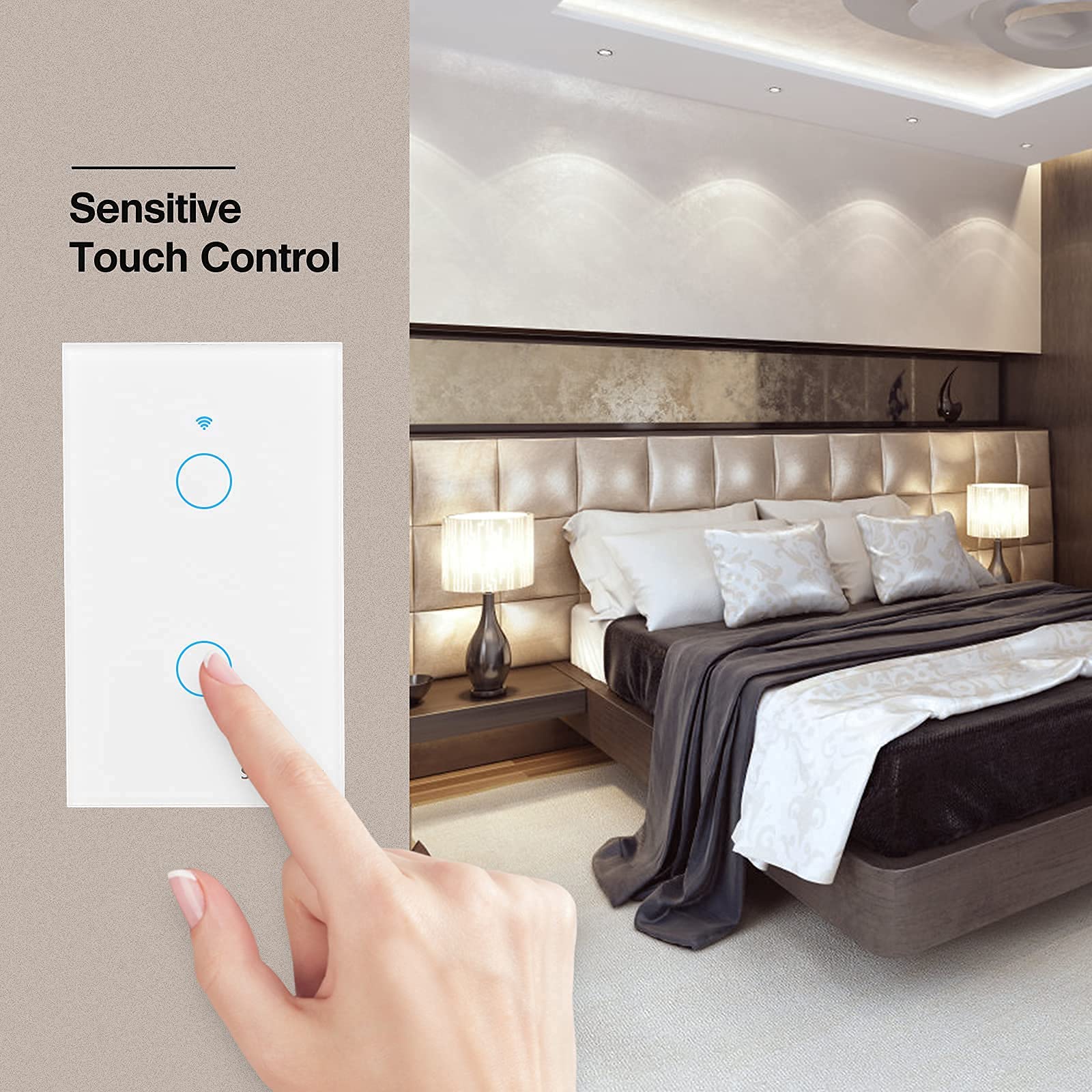 WiFi Smart Wall Light Switch - White, Tempered Glass Panel Touch Switch, 2 Gang for 1 Gang Box, Timer Function, Wireless Lighting Control for Home Automation & Smart House (Works with Alexa & Google Home)