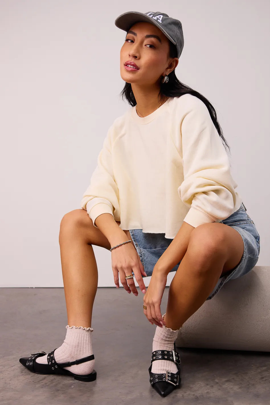 Nara Cropped Sweatshirt Women's Casual Pullover Cream Sweater | Cozy Fall Winter Loungewear for Home, Office & Street Style