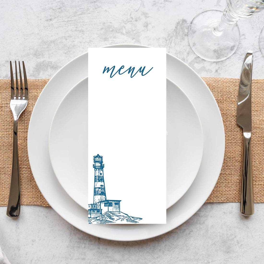 Nautical Lighthouse Printable Wedding Menu Cards - 56-Pack DIY Premium Cardstock for Dinner Table Place Settings, Rehearsals & Reception (4x9 Inches) | Elegant Coastal Theme Party Decorations