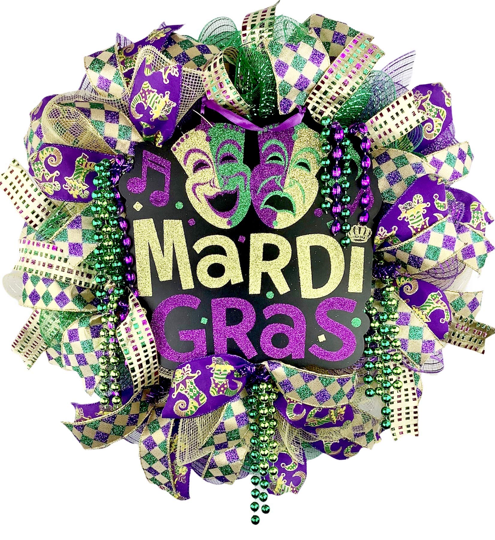 Handmade Comedy Tragedy Wreath with Beads - Mardi Gras Fat Tuesday Wreath Decor - Unique Mardi Gras Party Decorations by Paradise Wreath Boutique - Perfect for Door Decor, Carnival Celebrations & Festival Home Decor