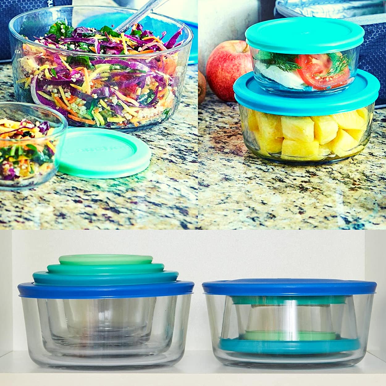 Pyrex and Anchor Round Glass Container Lids (4-Cup, Green, 4-Pack) - Airtight Food Storage for Meal Prep, Leftovers & Pantry Organization