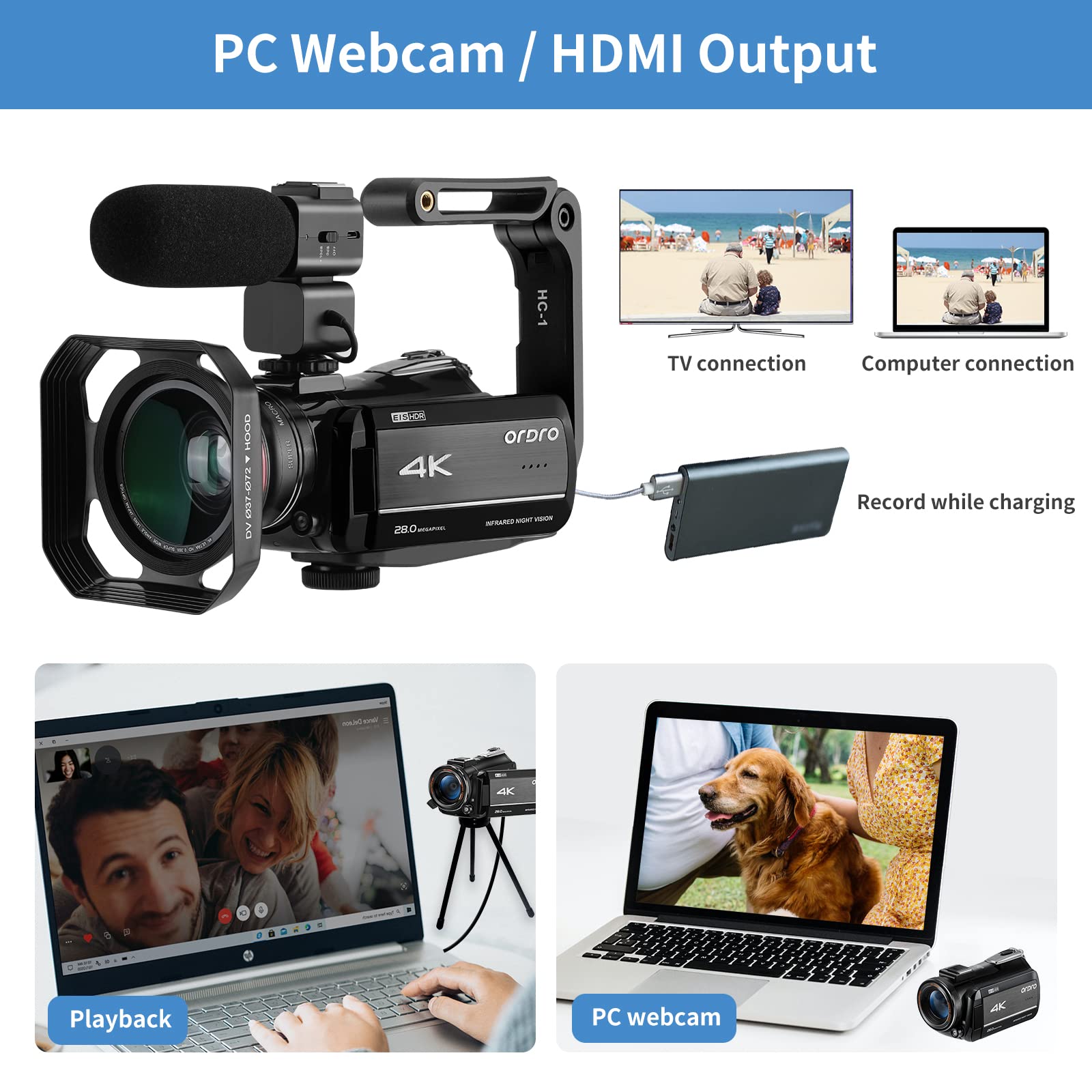 ORDRO AZ30 4K UHD Vlogging Camera with Wi-Fi, Night Vision & Microphone - 1080P 60FPS YouTube Camera Kit with Wide Angle Lens, Handheld Stabilizer & 32GB TF Card - Perfect for Travel Vlogging, Live Streaming & Content Creation