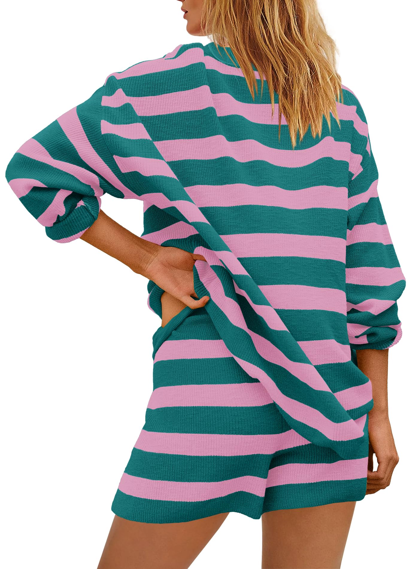 Yanekop Women's Striped Sweater & Shorts Lounge Set - Oversized 2-Piece Pajama Set with Long Sleeve Tunic | Cozy Loungewear for Home, Sleep & Relaxation