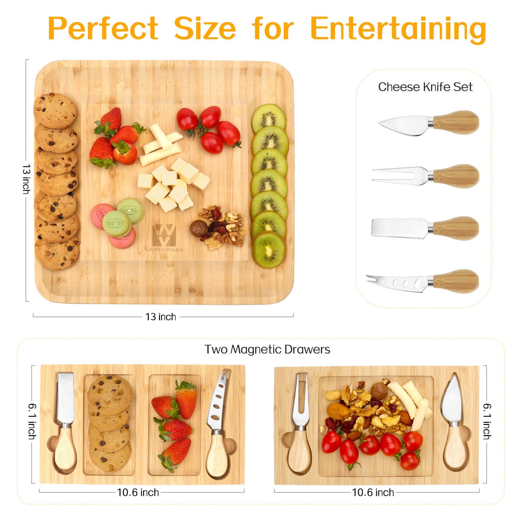 13-Inch Bamboo Cheese Board Set - Durable & Eco-Friendly Charcuterie Serving Tray for Wine Parties, Picnics & Entertaining