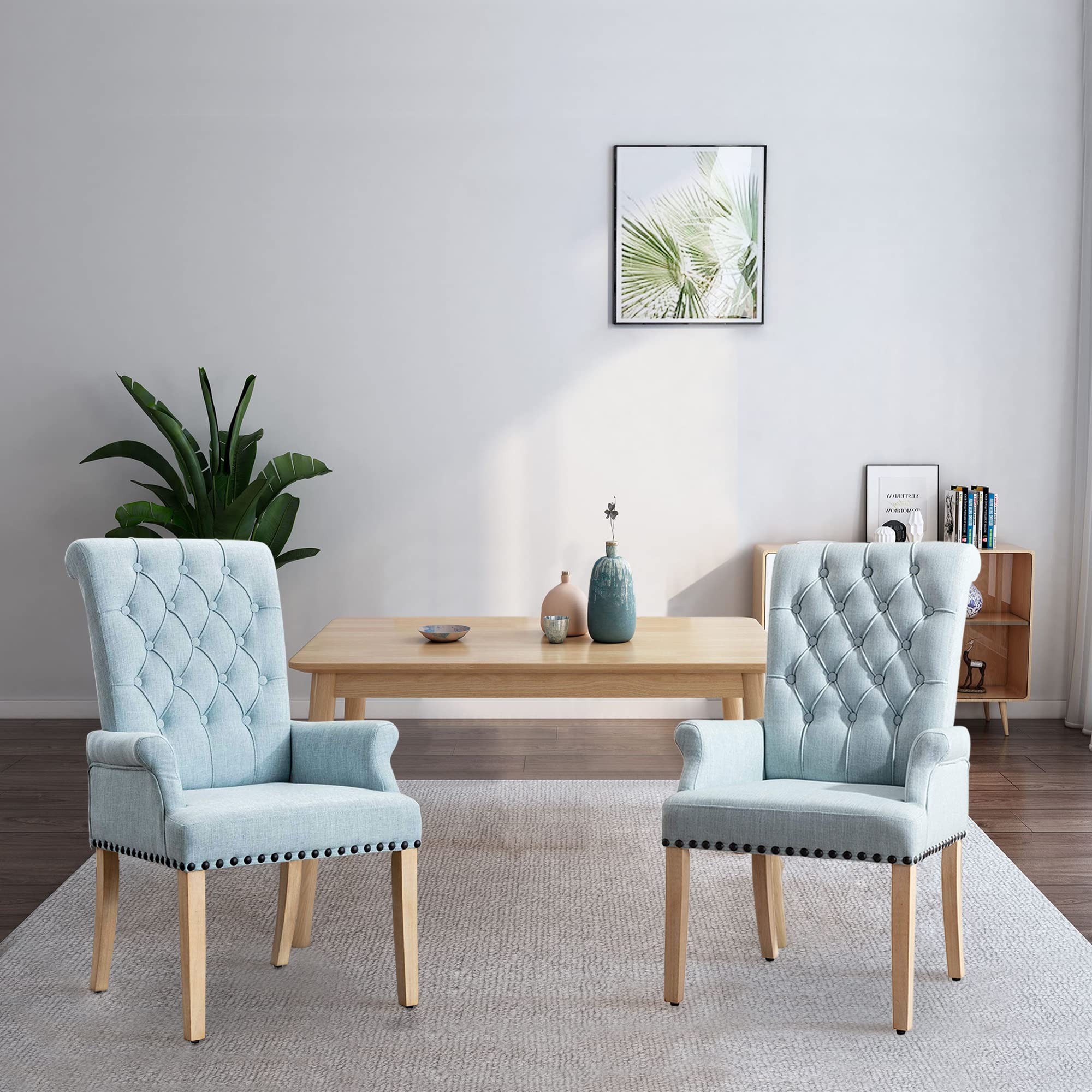 Luxury Fabric Dining Chairs - Upholstered Tufted Armrest Accent Chairs with Nailhead Trim & Solid Wood Legs - Elegant Blue Home Decor for Dining Room, Kitchen & Living Room - Perfect for Family Gatherings & Dinner Parties