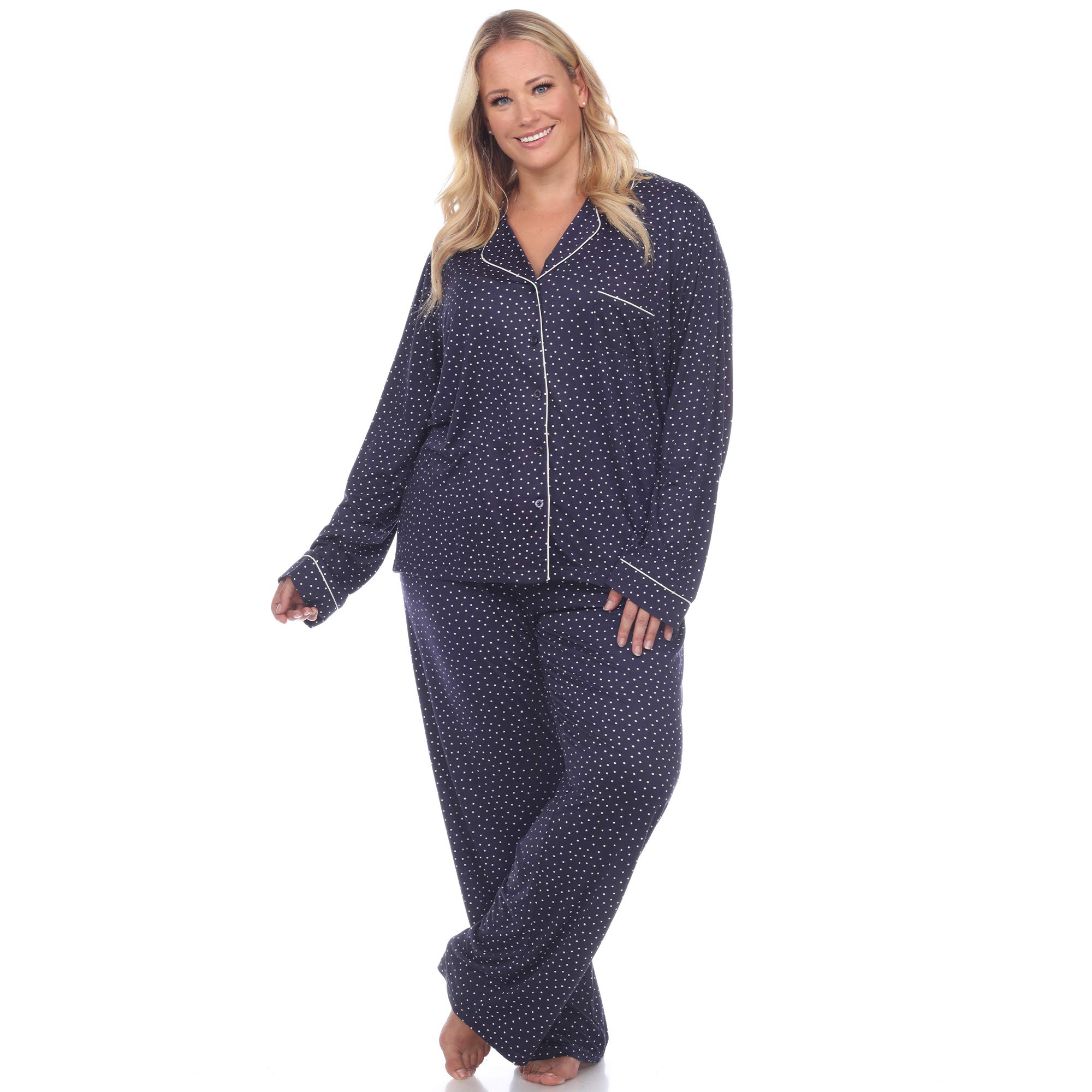 White Mark Plus Size Long Sleeve Pajama Set for Women - Soft Cotton Sleepwear with Pockets, Comfortable Nightwear for Lounge, Travel & Home Relaxation
