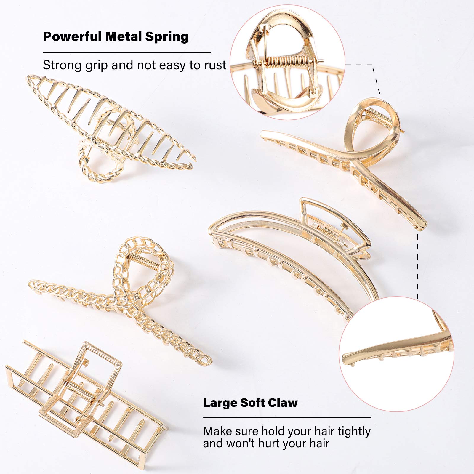 5PCS Large Claw Hair Clips for Thick Hair - Strong Hold Non-Slip Banana Hair Clips for Women (Metal Gold) - Perfect for Updos, Ponytails & Everyday Hairstyles