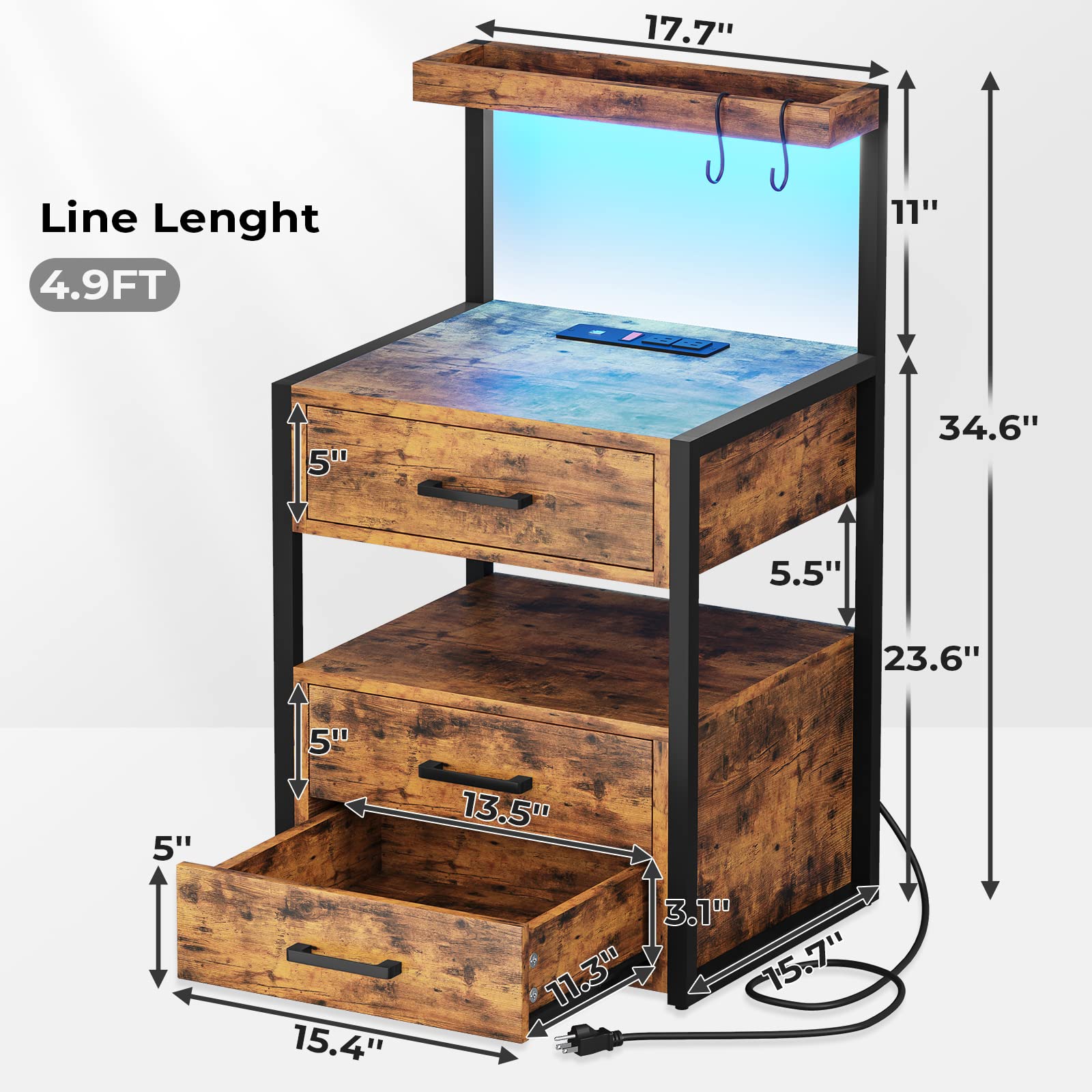 AOGLLATI Nightstand Set of 2 with USB Charging Station & LED Lights, 3-Drawer Bedside Table with Open Shelves, 2 USB Ports & 2 AC Outlets - Rustic Brown Modern Bedside Storage for Bedroom, Living Room & Office Use
