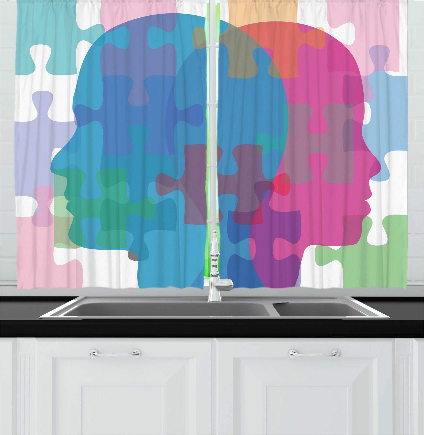 Ambesonne Psychology Themed Kitchen Curtains - Colorful Man & Woman Portrait Silhouette Game Print Window Drapes, 2 Panel Set for Kitchen & Cafe Decor, 55