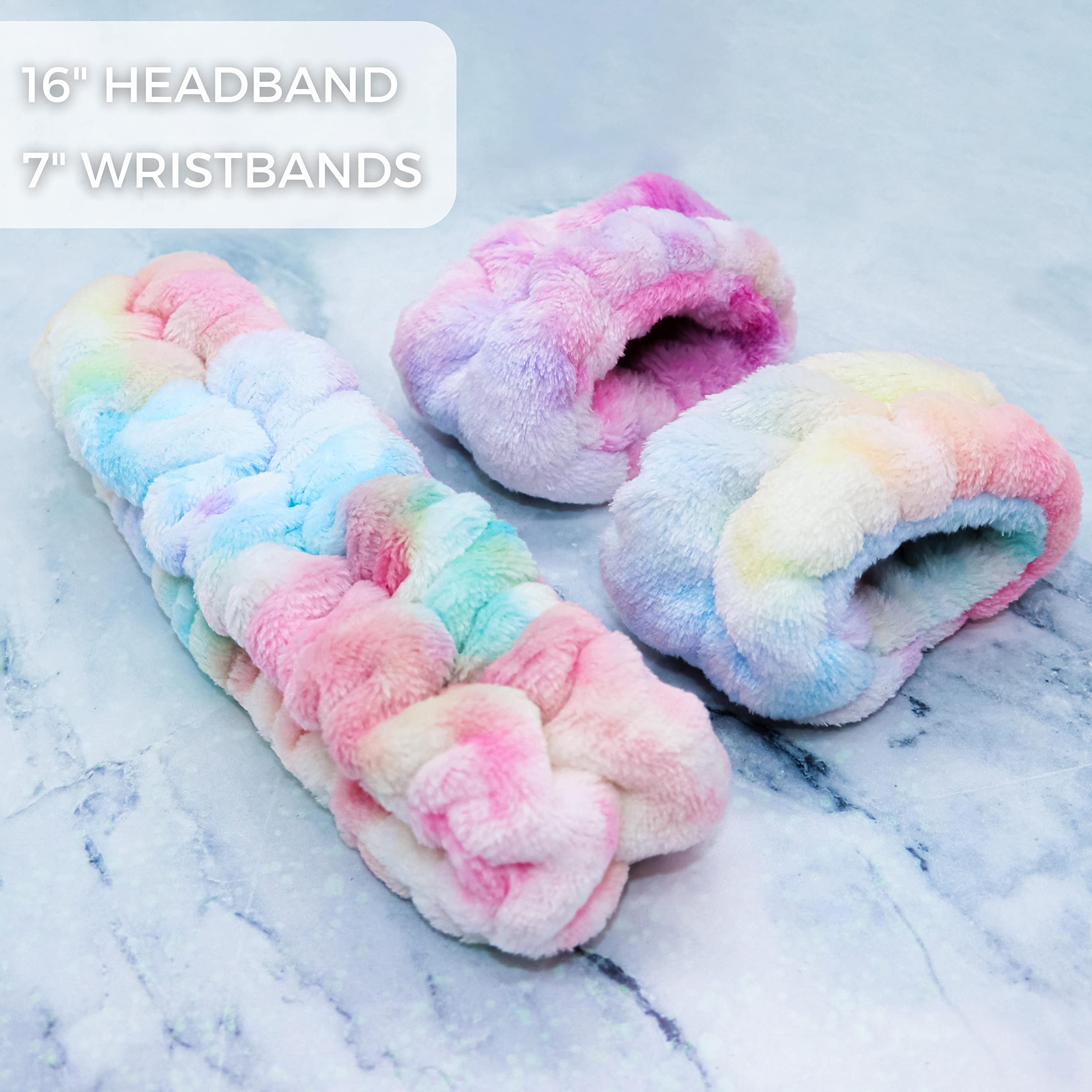FROG SAC Tie Dye Spa Headband for Women & Teens - Soft Fuzzy Skincare Headband for Face Washing, Makeup, Shower - Matching Wristbands Set - Perfect for Sleepovers, Skincare Routine, Spa Day and Girls Party Supplies