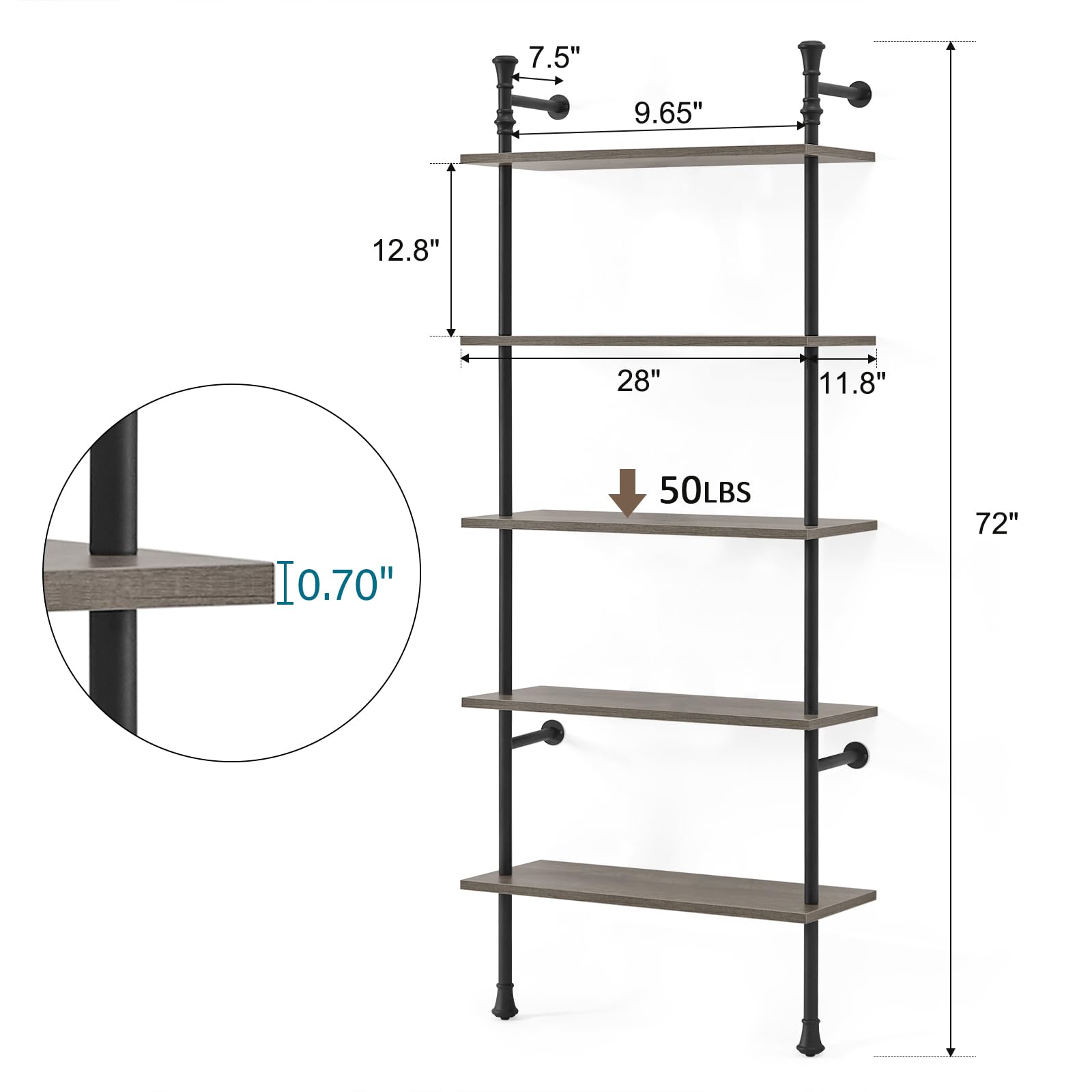 5-Tier Wall Mounted Bookshelf - Industrial Open Display Shelf, Modern Tall Leaning Bookcase for Living Room, Bedroom, Home Office & Kitchen - Oak Gray Finish | Perfect for Organizing Books, Decor & Storage in Small Spaces