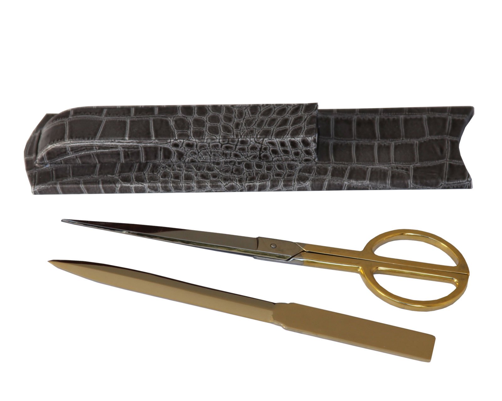 Premium DACASSO Protacini Castlerock Gray Italian Crocodile Leather Library Set - Luxury Office & Study Accessories for Home & Office Decor - Elegant Gold-Toned Italian Crocodile Leather Desk Organizer for Books, Pens & Stationery