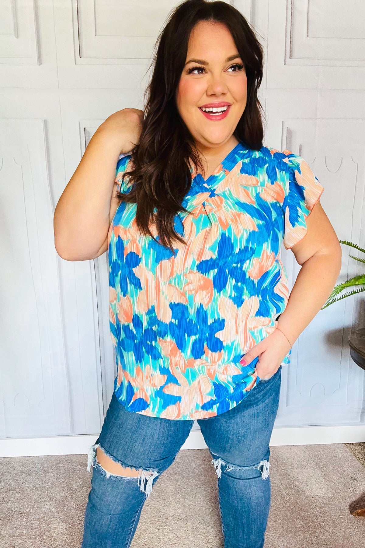 Haptics Tropical Breeze Turquoise Floral Banded V-Neck Flutter Sleeve Blouse for Women - Summer Beach Vacation & Boho Chic Outfit