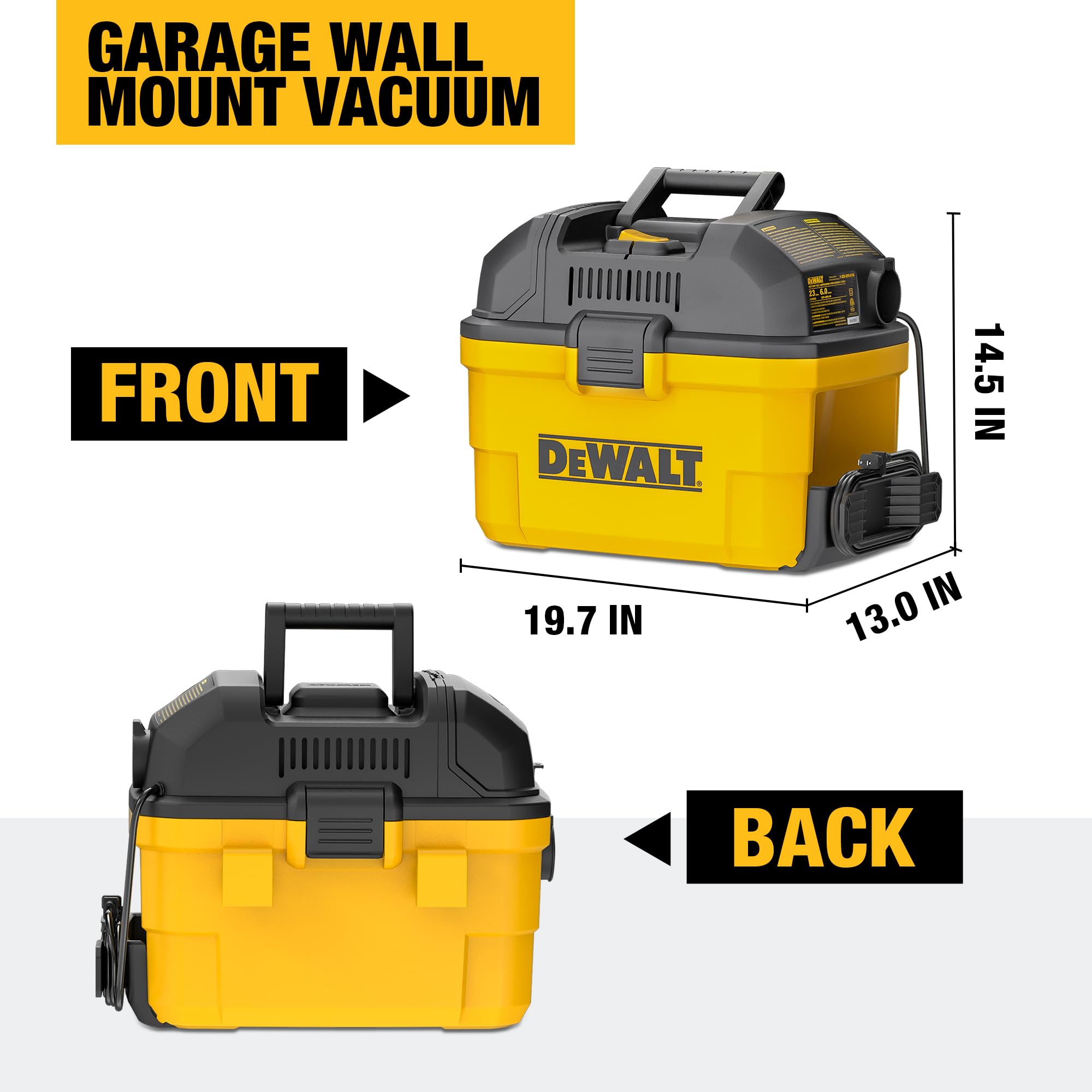 DEWALT 6 Gallon 5 HP Wall-Mounted Wet/Dry Vacuum Cleaner - Powerful Garage & Workshop Vacuum for Dust, Debris & Liquid Cleanup - Ideal for Home, Construction & Auto Detailing