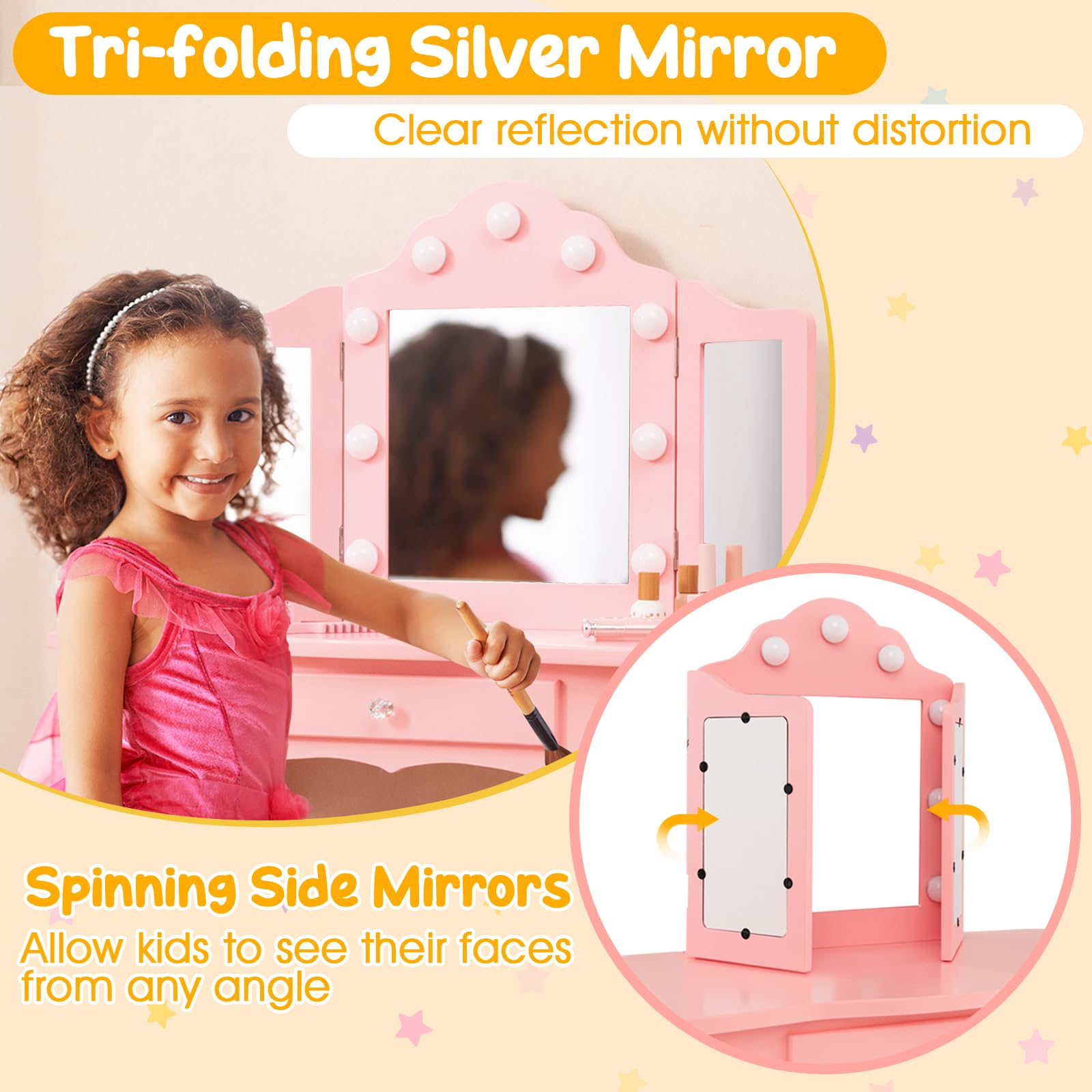 Costzon Kids Vanity Set with Mirror, Stool & Lights - Pink Wooden Princess Makeup Dressing Table with Drawer, 2-in-1 Toddler Vanity for Girls - Pretend Play, Birthday Gift & Bedroom Decor (Pink)