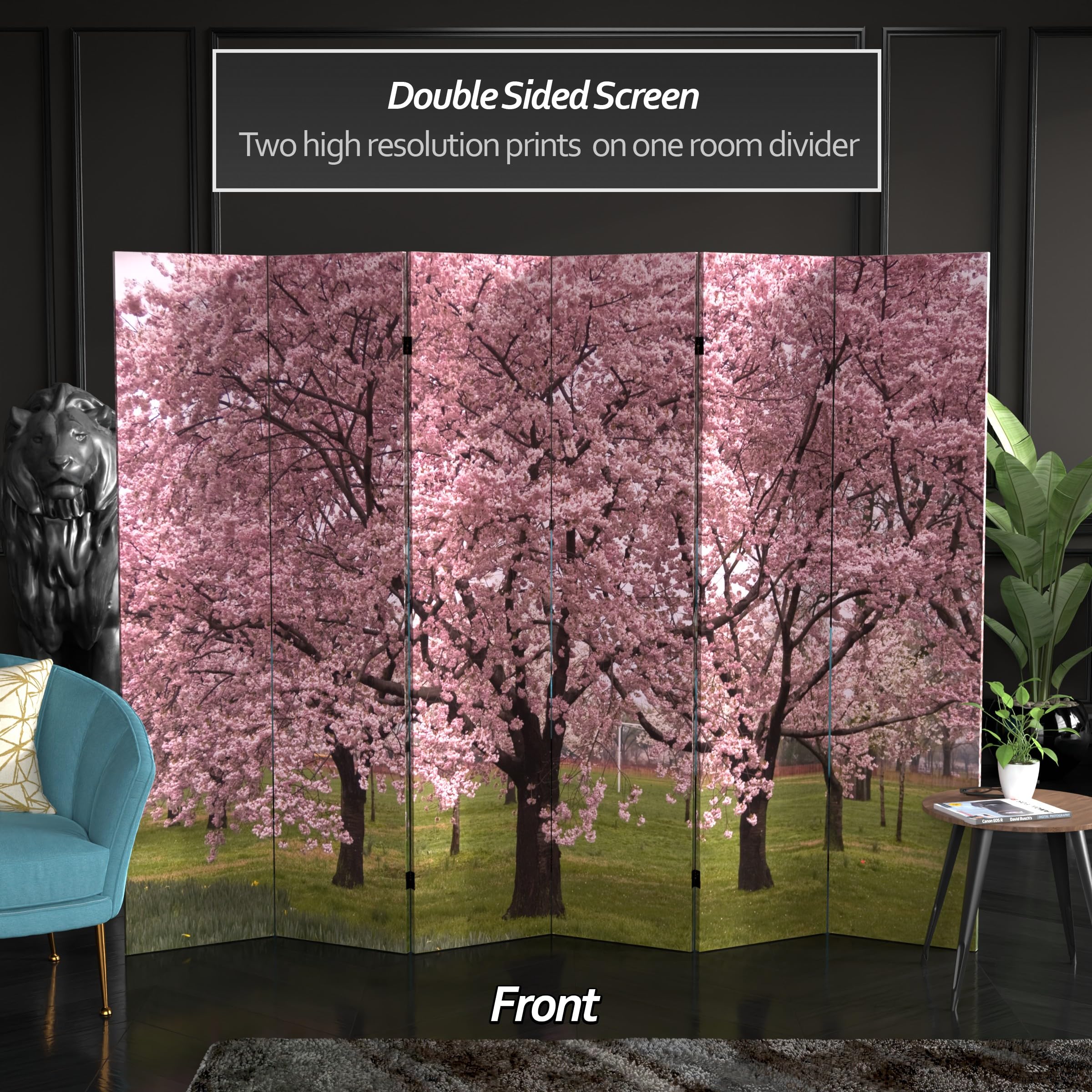 6 ft. Tall Double Sided Cherry Blossom Canvas Room Divider - Red Lantern Asian Inspired Folding Screen for Home Decor, Bedroom Partition & Event Backdrop