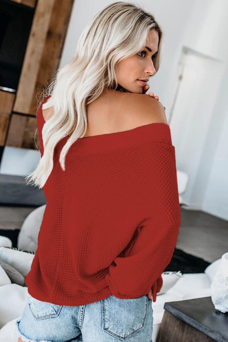 Tobrief Women's V Neck Long Sleeve Waffle Knit Pullover Sweater - Oversized Off Shoulder Casual Top for Fall Winter Layering, Coffee Dates & Cozy Outfits