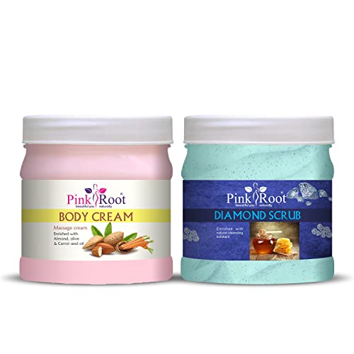 Pink Root Body Massage Cream & Diamond Scrub Set - 500gm Each | Deep Tissue Relaxation, Exfoliation & Skin Hydration | Perfect for Spa, Home Massage & Self-Care Routines