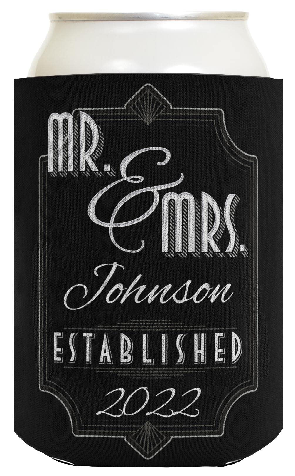 Custom Wedding Can Coolers - Personalized Mr & Mrs Drink Sleeves with Names & Date - 96 Pack Black Can Coolies for Wedding Favors - Perfect for Outdoor Receptions, Bridal Showers & Anniversary Parties