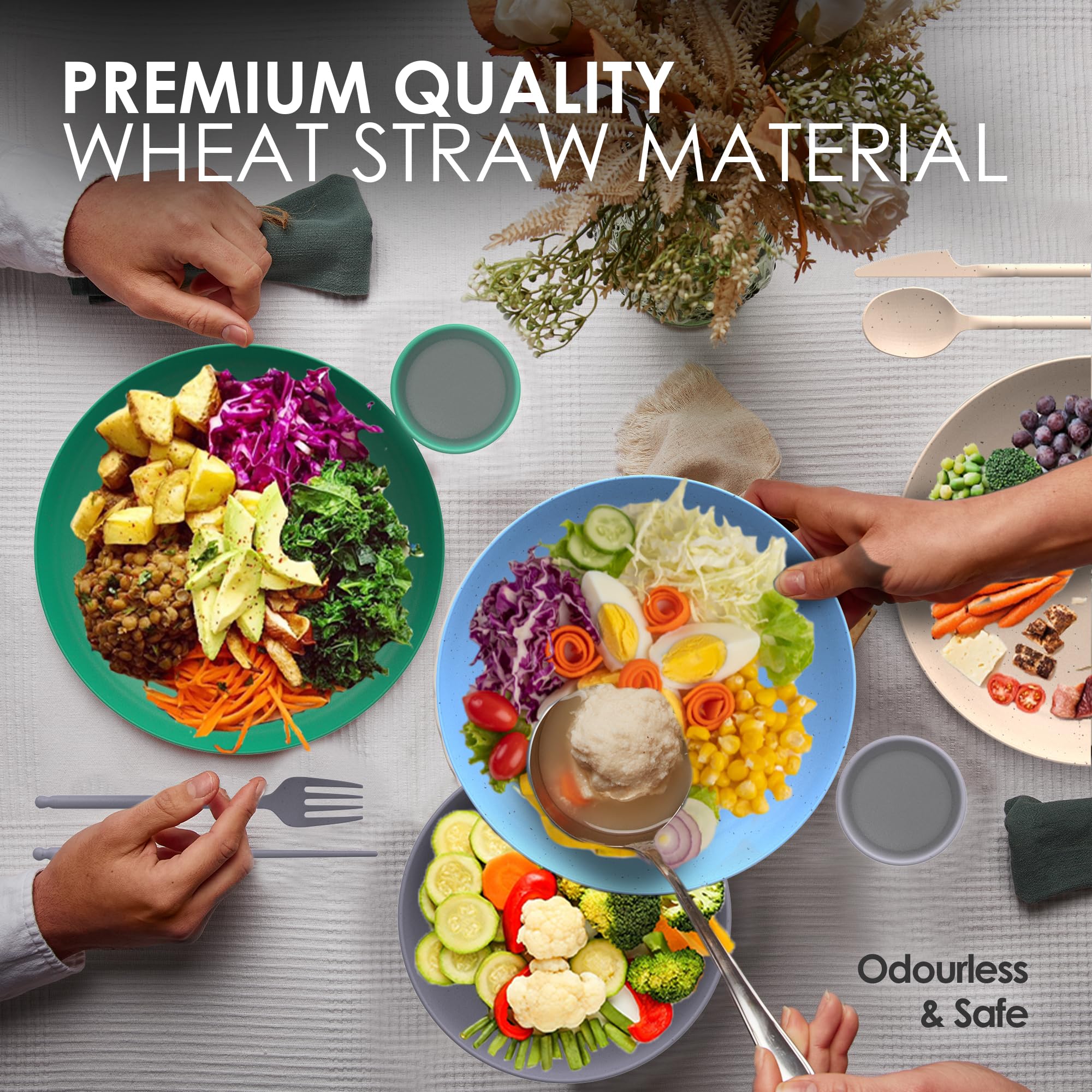 Eco-Friendly Wheat Straw Dinnerware Set for 4 - BPA-Free Microwave Safe Plates, Bowls & Utensils - Perfect for Camping, RV Trips, Dorms & Picnics - Sustainable Alternative to Plastic Dishes - Lightweight & Durable Camping Cookware Set