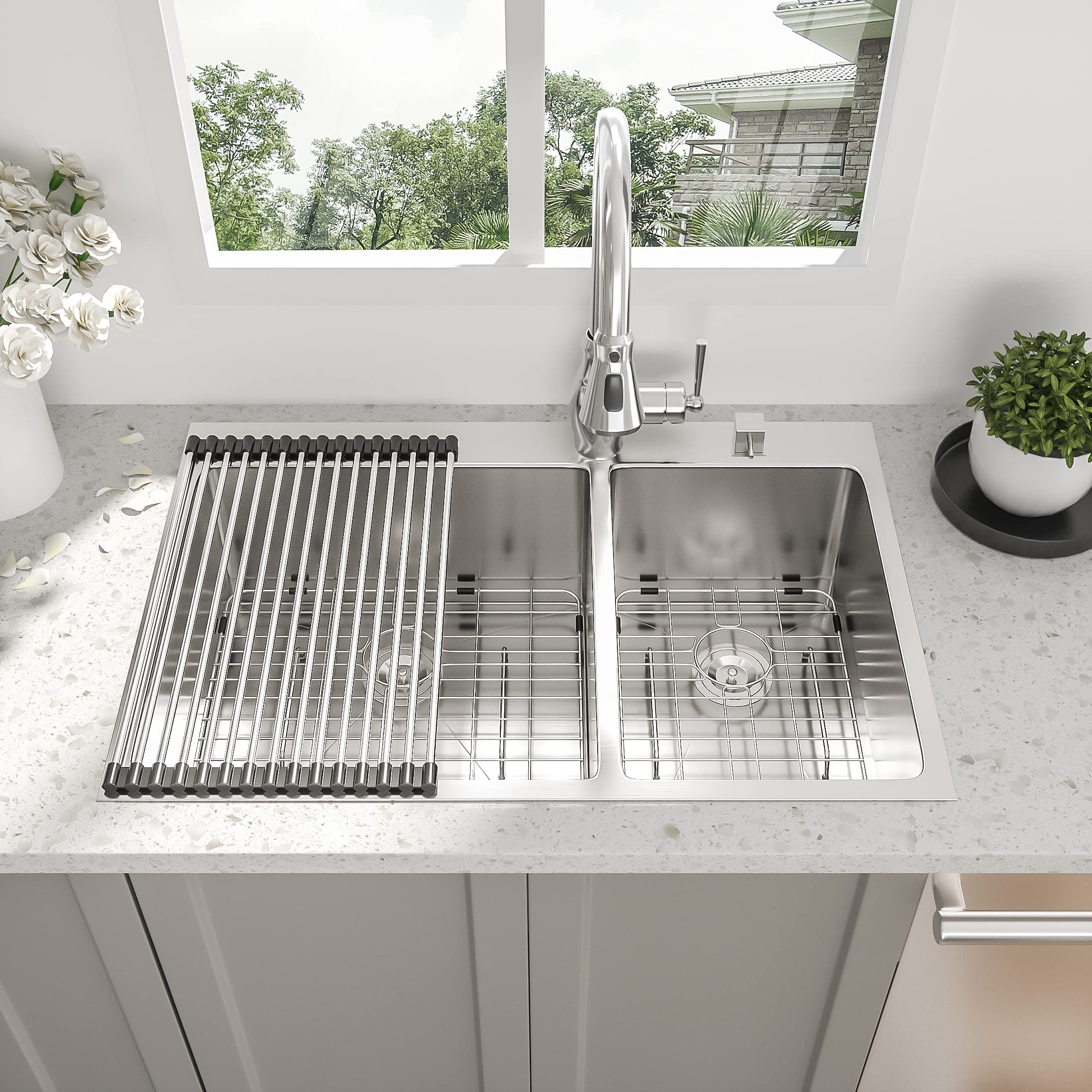 33 Inch Drop In Kitchen Sink - Topmount Stainless Steel 16 Gauge Double Bowl Sink 60/40 - 33