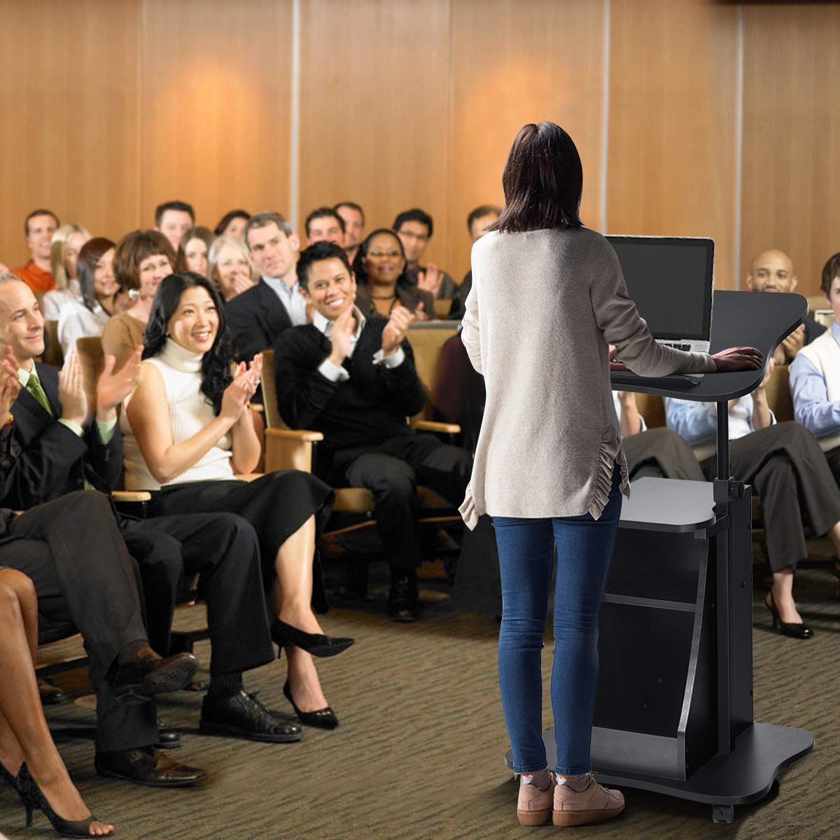 Height Adjustable Mobile Laptop Podium Stand - Rolling Sit to Stand Lectern with Swivel Top & Lockable Wheels, Computer Desk with Shelves for Classroom, Church, Home Office & Conference Room Presentations