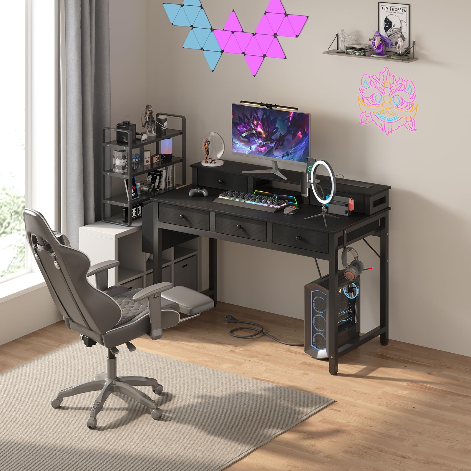 Lufeiya 40 Inch Black Computer Desk with Drawers - Home Office Desk with Storage, Power Outlet & Monitor Stand - Study Desk for Bedroom, Gaming & Workstation Use