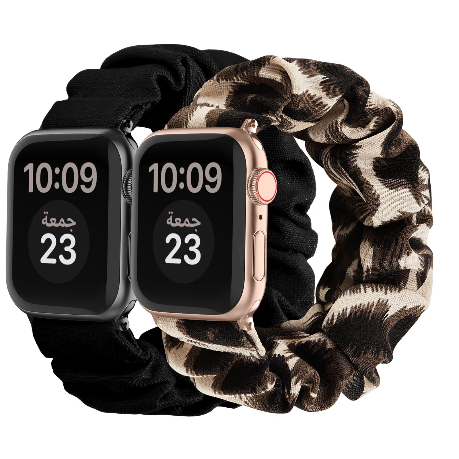 Compatible Scrunchies Apple Watch Bands 42mm 44mm 45mm - Women's Printed Fabric Elastic Wrist Straps for iWatch Series 8/7/6/5/4/3/2/1/SE - Small Black & Brown Leopard Pattern - Perfect for Workouts, Yoga & Casual Wear