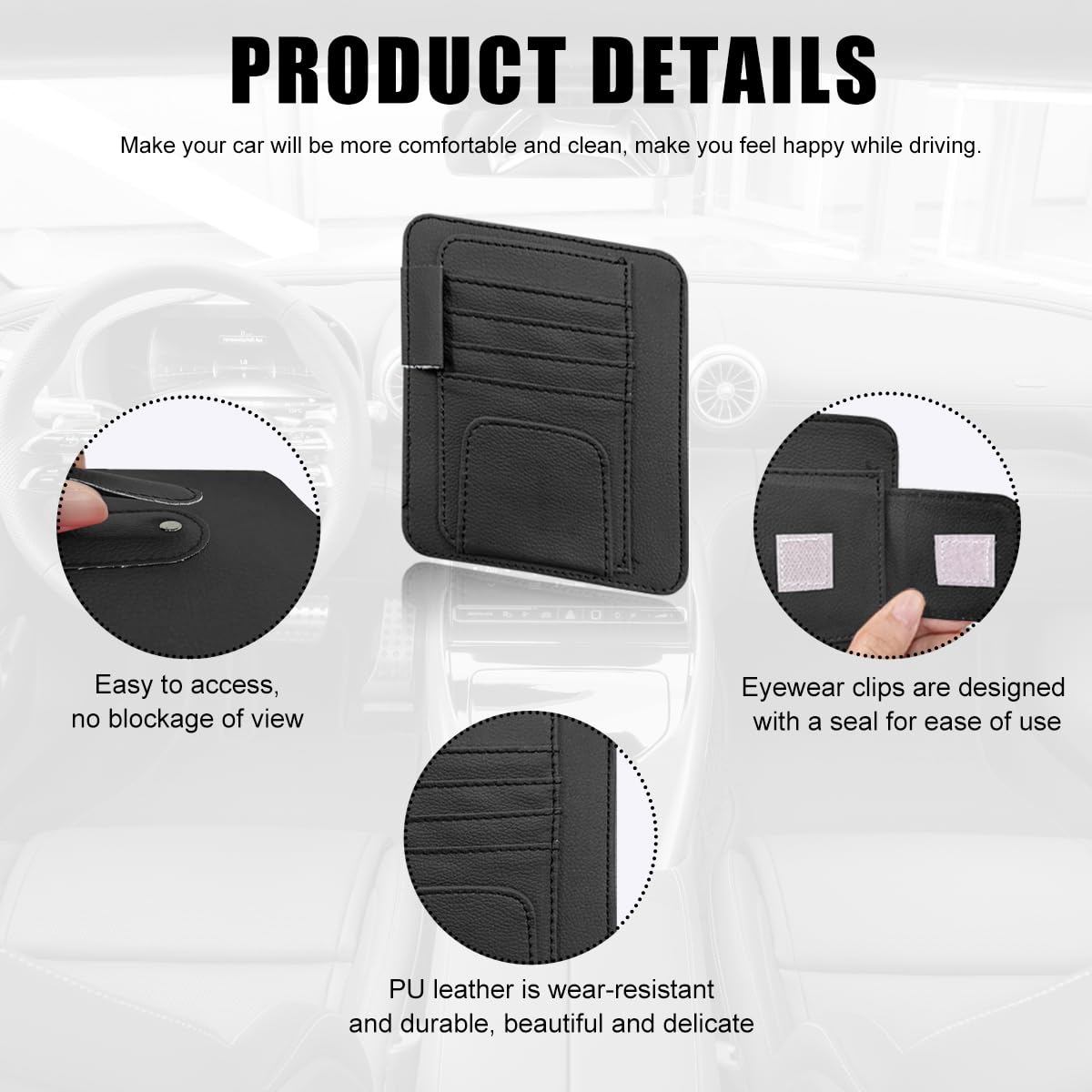 Premium Car Sun Visor Organizer - Waterproof Leather Storage Clip with Sunglasses Holder | Universal Vehicle Accessory for Glasses, Cards & Small Items | Perfect for Road Trips & Daily Commute (Black)