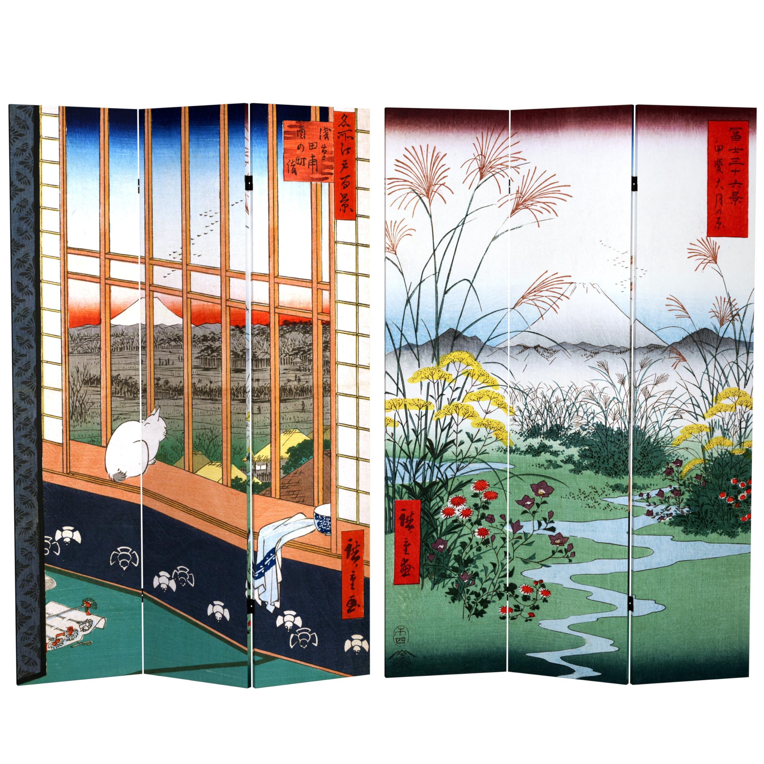 6 ft. Tall Double-Sided Hiroshige Asakusa Rice Field & Otsuki Plain Folding Room Divider - 3 Panel Japanese Shoji Screen (71 Inches High) for Home Decor, Office Partition, and Asian-Themed Event Backdrop