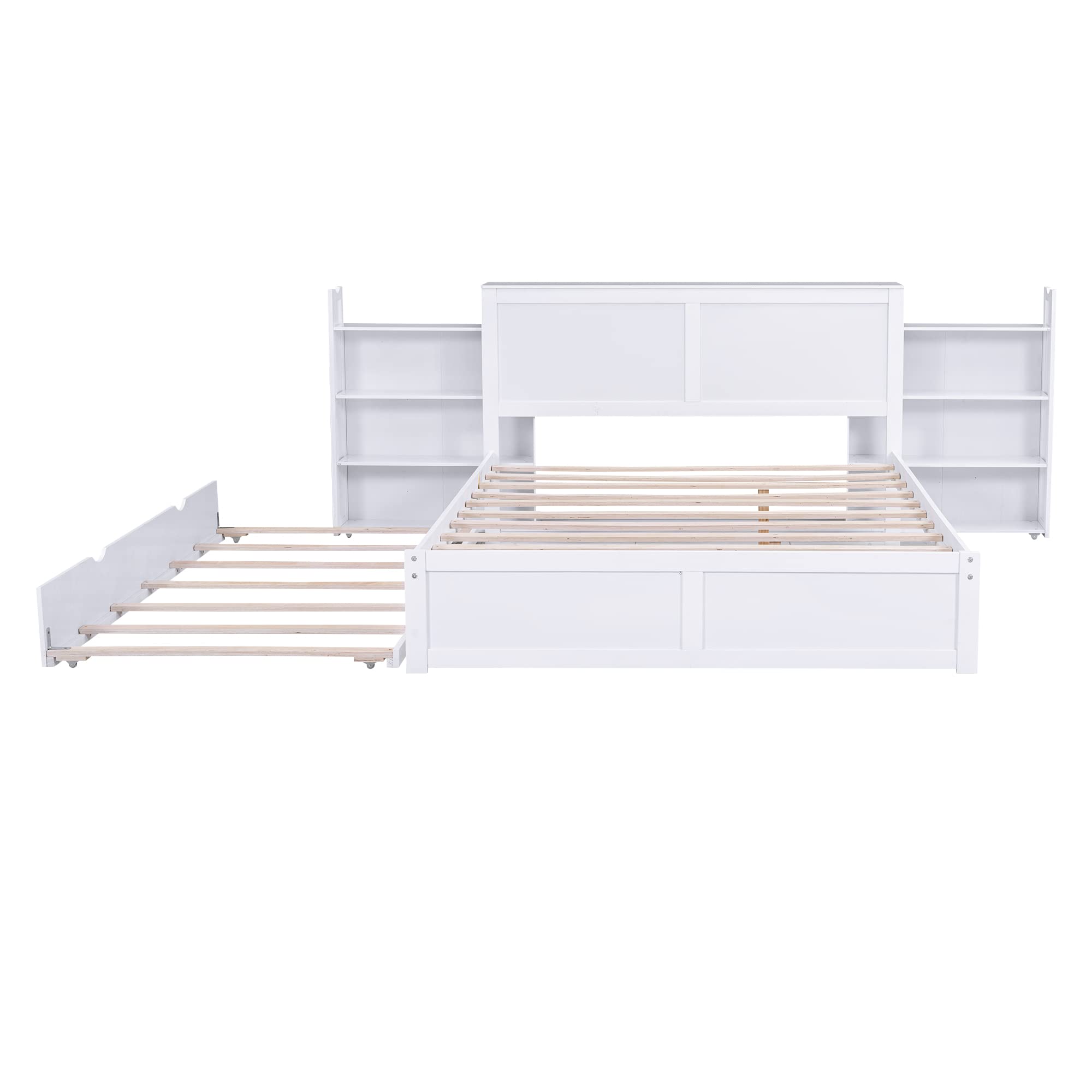 Queen Size Storage Bed with Trundle - Wooden Platform Bed Frame with Storage Shelves Headboard & Twin Trundle - White Wooden Queen Bed for Kids, Boys, Girls, Teens - Perfect for Small Bedrooms, Guest Rooms & Space-Saving Solutions