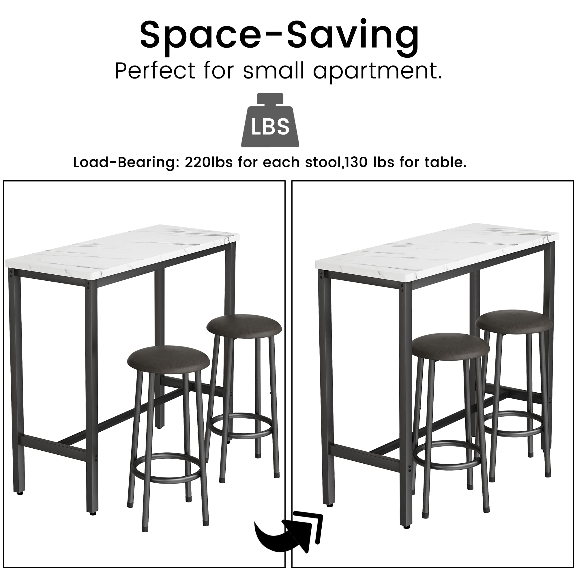 MIERES 3-Piece Counter Height Bar Table Set with 2 Round Stools - 47.2