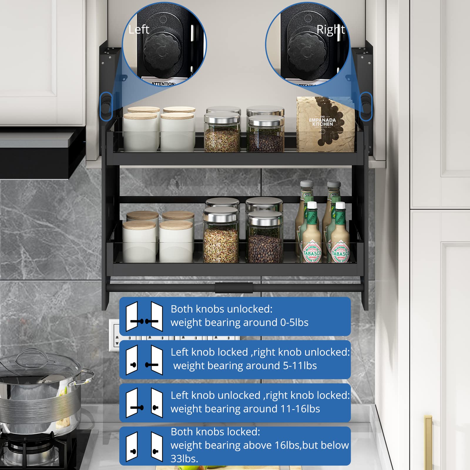 30 Inch Black Pull Down Shelf Organizer for Kitchen Wall Cabinets - Space Saving Storage Solution for Spices, Utensils & Small Appliances