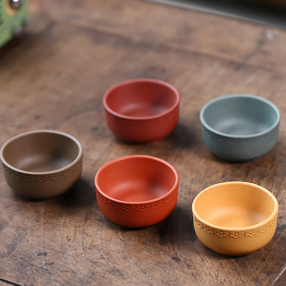 Premium Handcrafted Purple Clay Gongfu Tea Cup Set - 5 Colors (Auspicious Cloud Design) - Perfect for Chinese Tea Ceremony, Meditation & Gift Giving