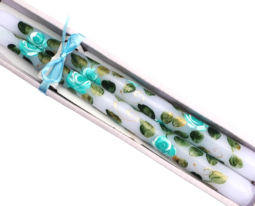 Hand Painted Turquoise Blue Roses Taper Candles - Romantic Floral Decor for Dining Table, Wedding Centerpiece & Home Decor | Elegant Candle Holders for Romantic Dinners & Special Occasions