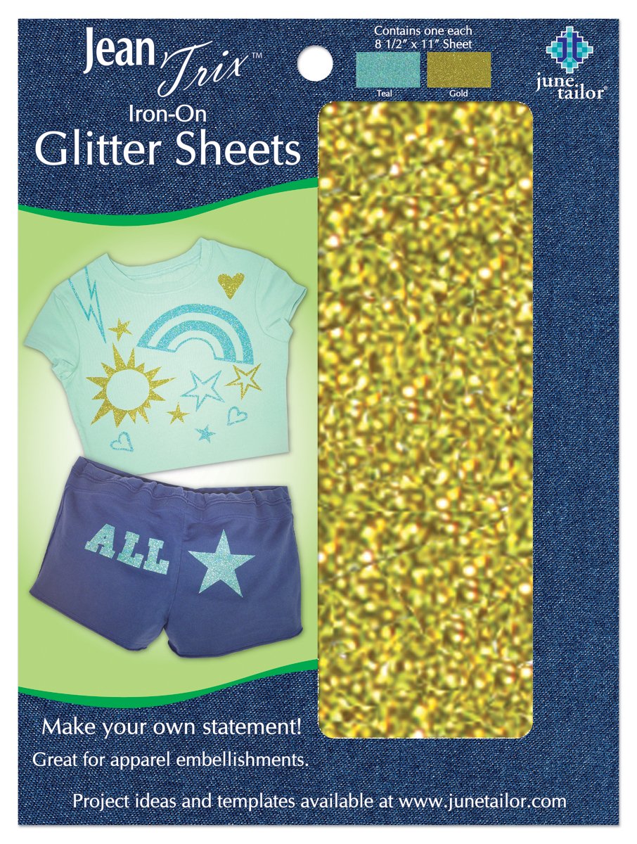 June Tailor Iron-On Glitter Sheets for DIY Crafts - Teal & Gold Sparkle Transfer Sheets for T-Shirts, Bags, Hats & Fabric Projects - Perfect for Custom Apparel, Scrapbooking & Home Decor