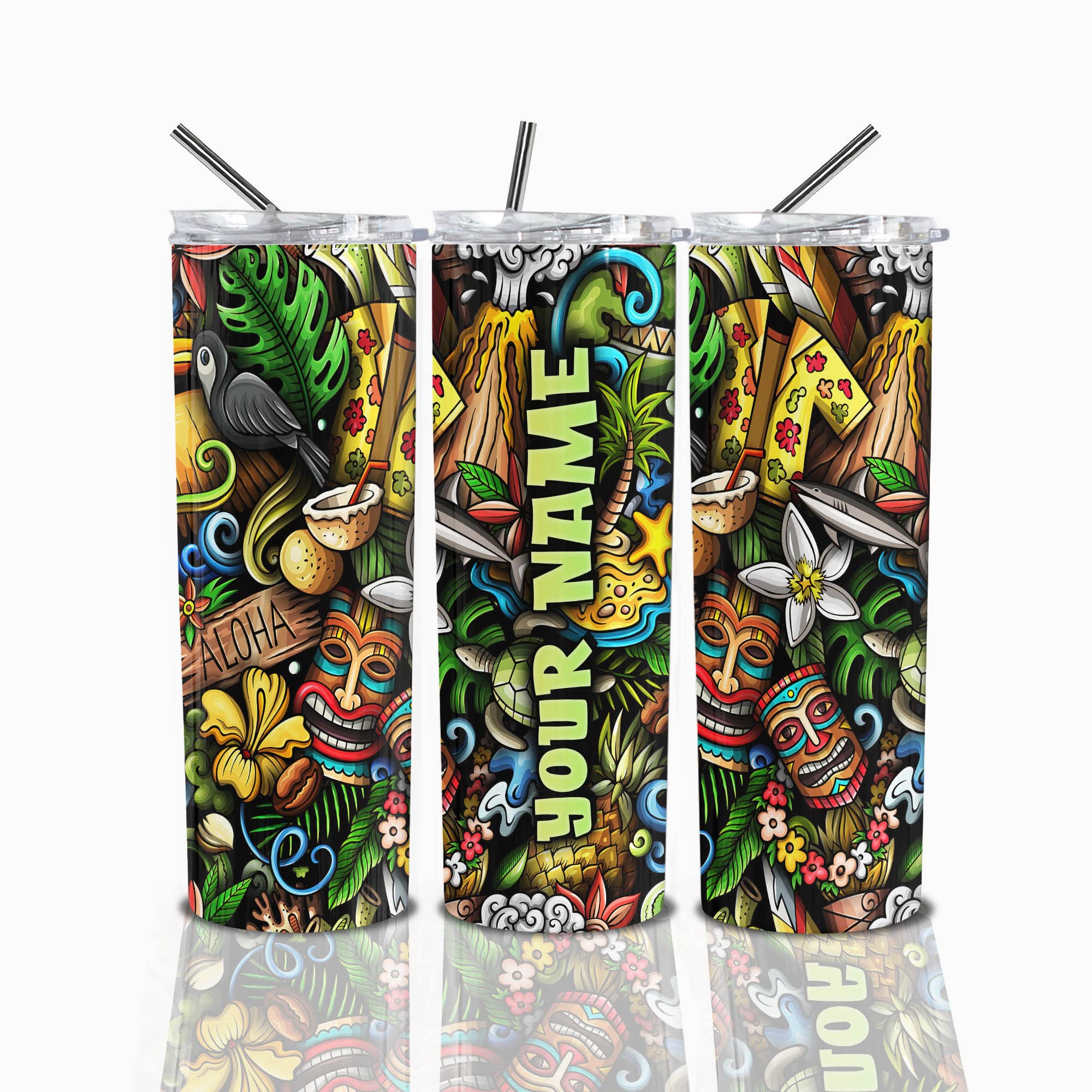 Personalized Tiki Mask Stainless Steel Skinny Tumbler 20oz - Tropical Hawaii Beach Themed Drinkware - Custom Engraved Insulated Cup for Summer Cocktails, Iced Coffee & Beach Parties - Perfect Gift for Beach Lovers & Tiki Bar Enthusiasts