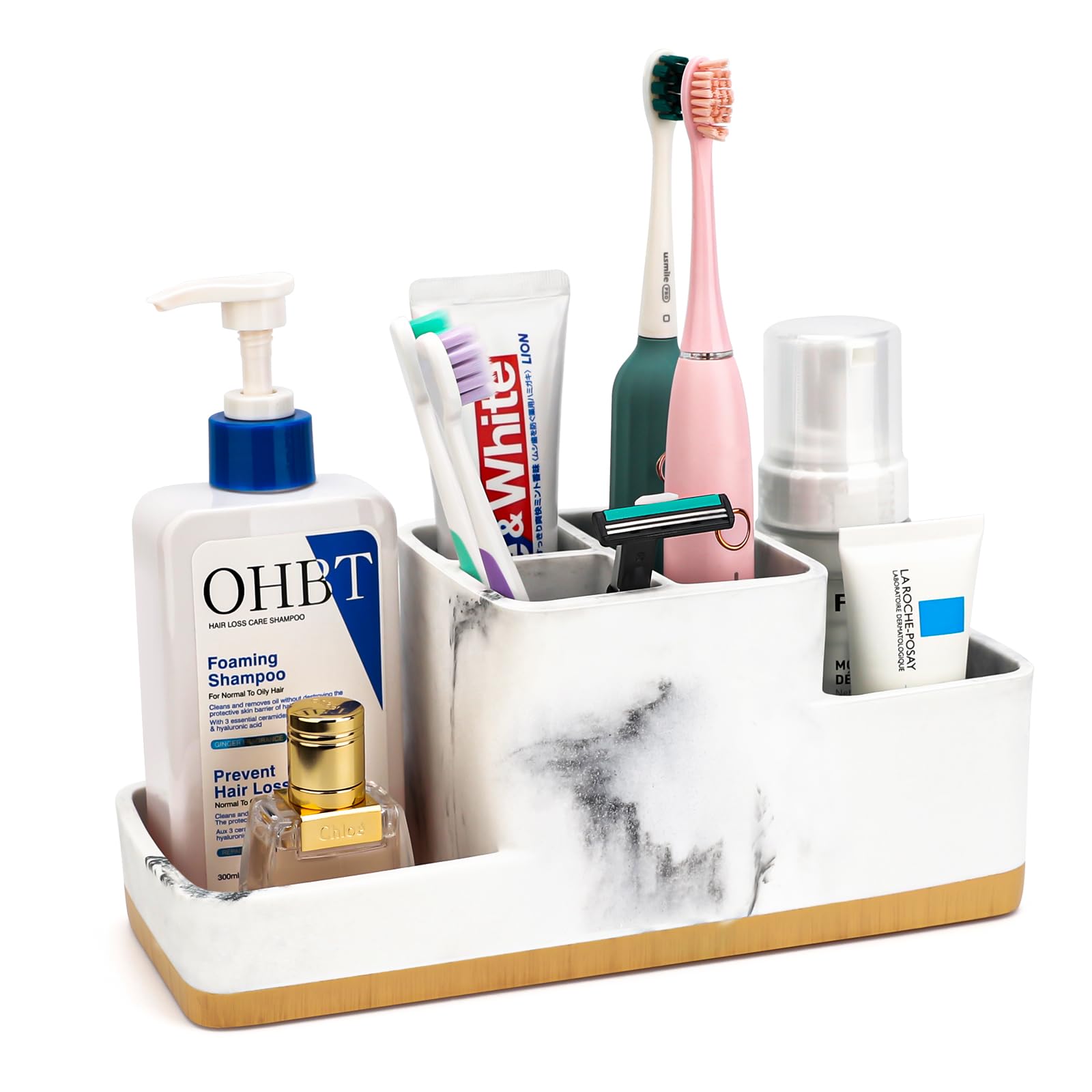 YMWVH White Resin Marble Toothbrush Holder - 5 Compartment Bathroom Organizer for Toothpaste, Razor & Essentials - Countertop Storage for Bathroom Accessories (Perfect for Small Spaces & Family Use)