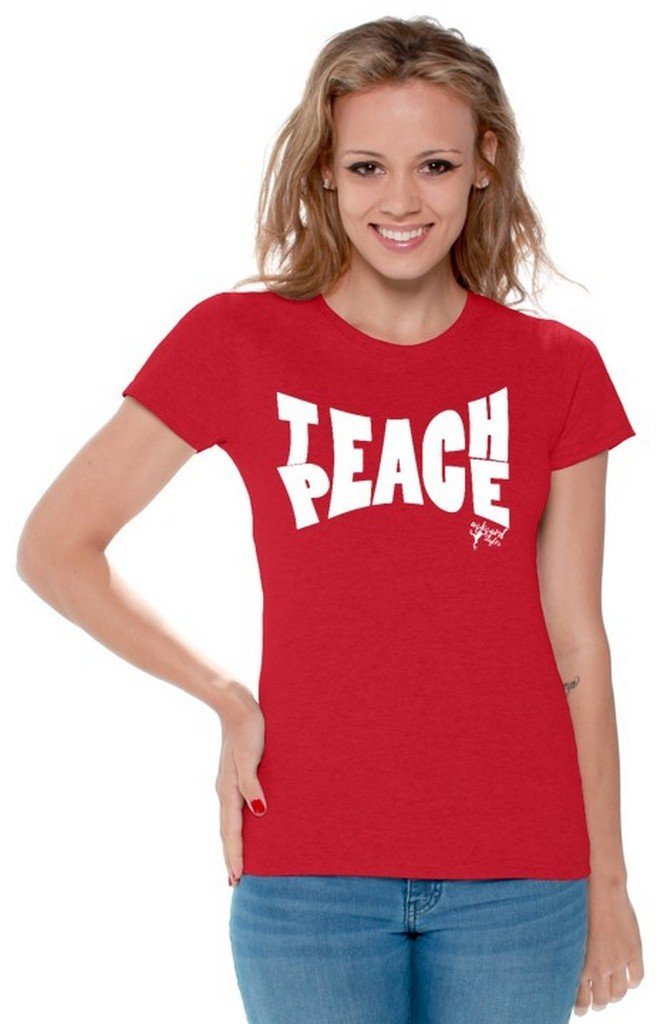 Women's Teach Peace Graphic T-Shirt - White Love Shirt with Inspirational Bookmark | Casual Wear, Peace Activism & Gift Ideas