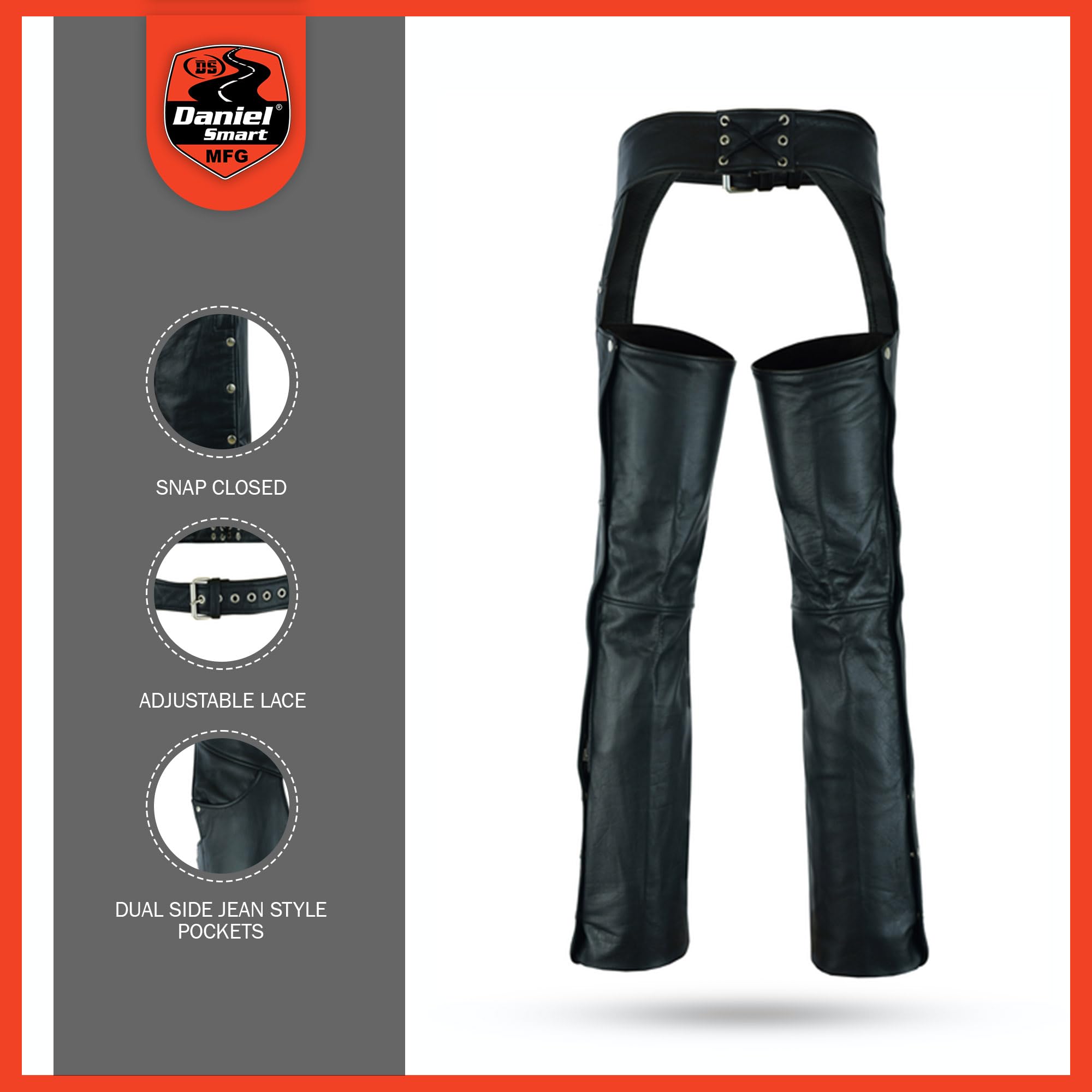 Daniel Smart Motorcycle Leather Chaps - All Season Unisex Biker Pants with Adjustable Fit & Jean Style Pockets for Harley, Cruiser & Touring Rides