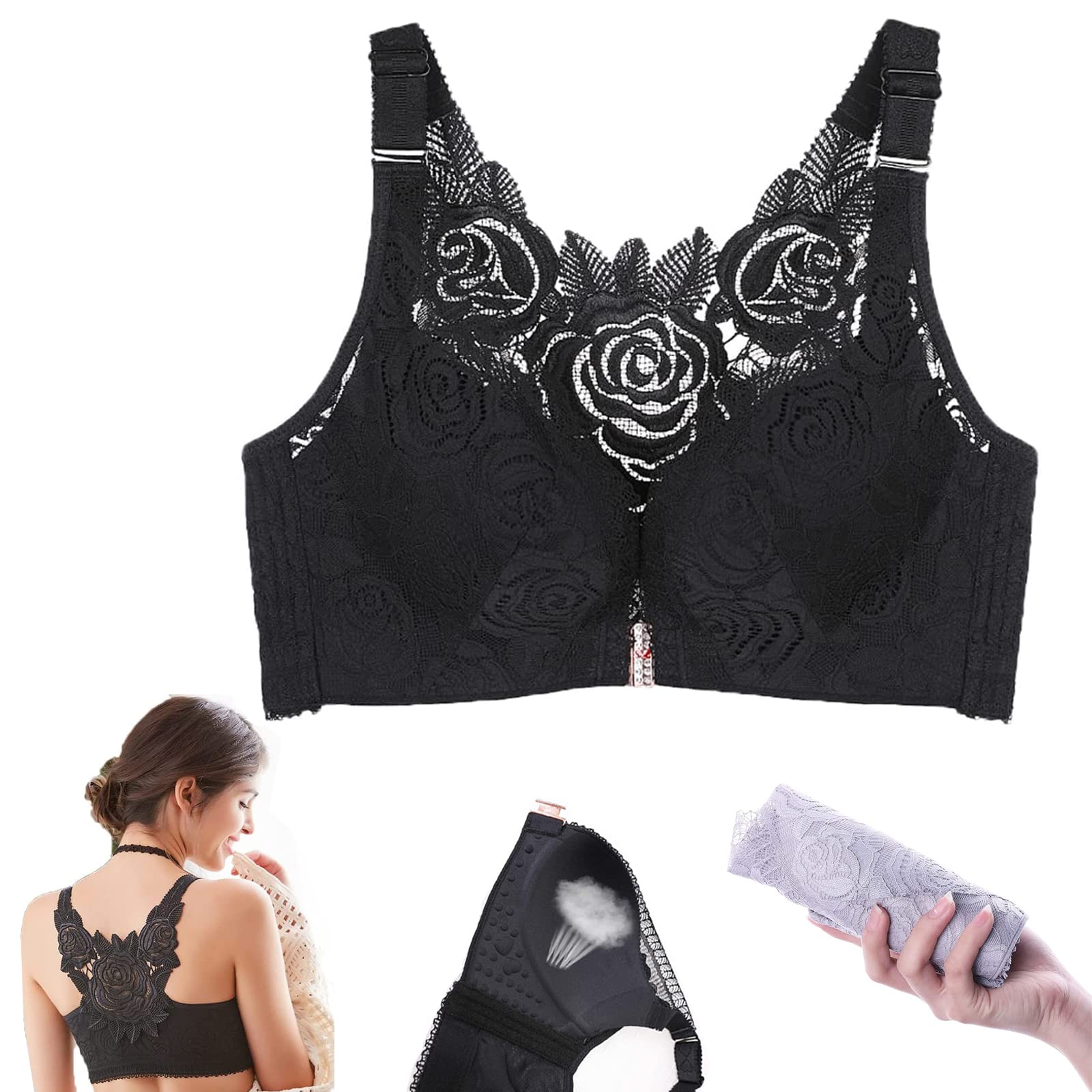 FitMe Rose Embroidery Wireless Front Closure Bra for Women - Floral Lace Comfort Plus Size Support Bra with Lift - Perfect for Everyday Wear, Special Occasions & Maternity Comfort