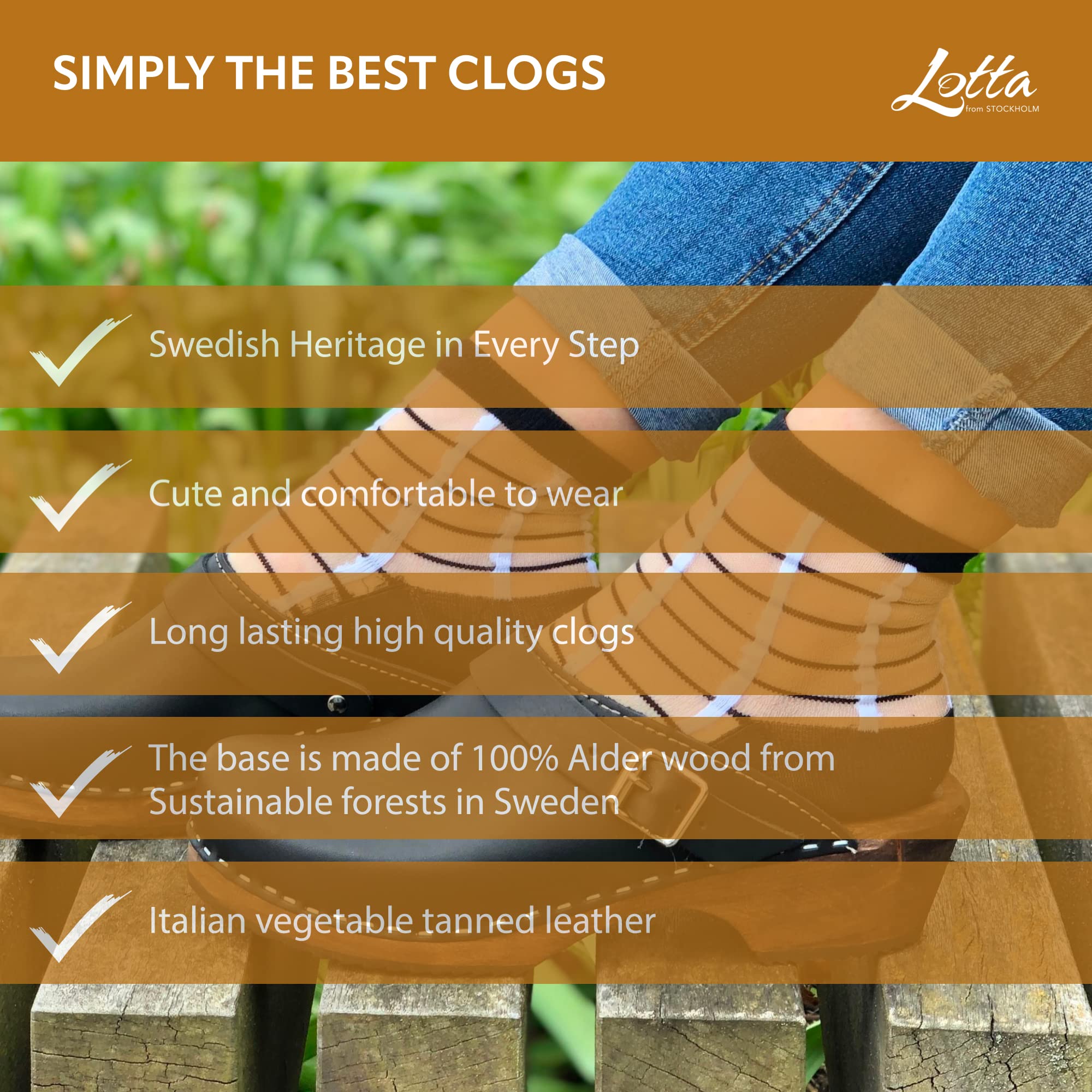 Swedish Classic Wooden Clogs for Women - Comfortable Low Heel Slip-On Shoes with Adjustable Leather Strap & Buckle | Handmade in Sweden with Brown Alder Wood Base & Genuine Leather | Perfect for Garden, Casual Wear & Nursing Professionals (Black)